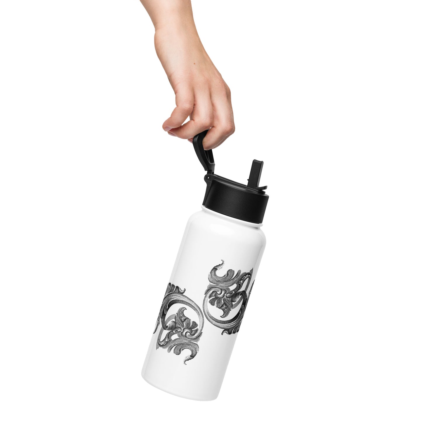 Art Nouveau Filigree Black Design White Stainless Steel Water Bottle with a Straw Lid 32 oz
