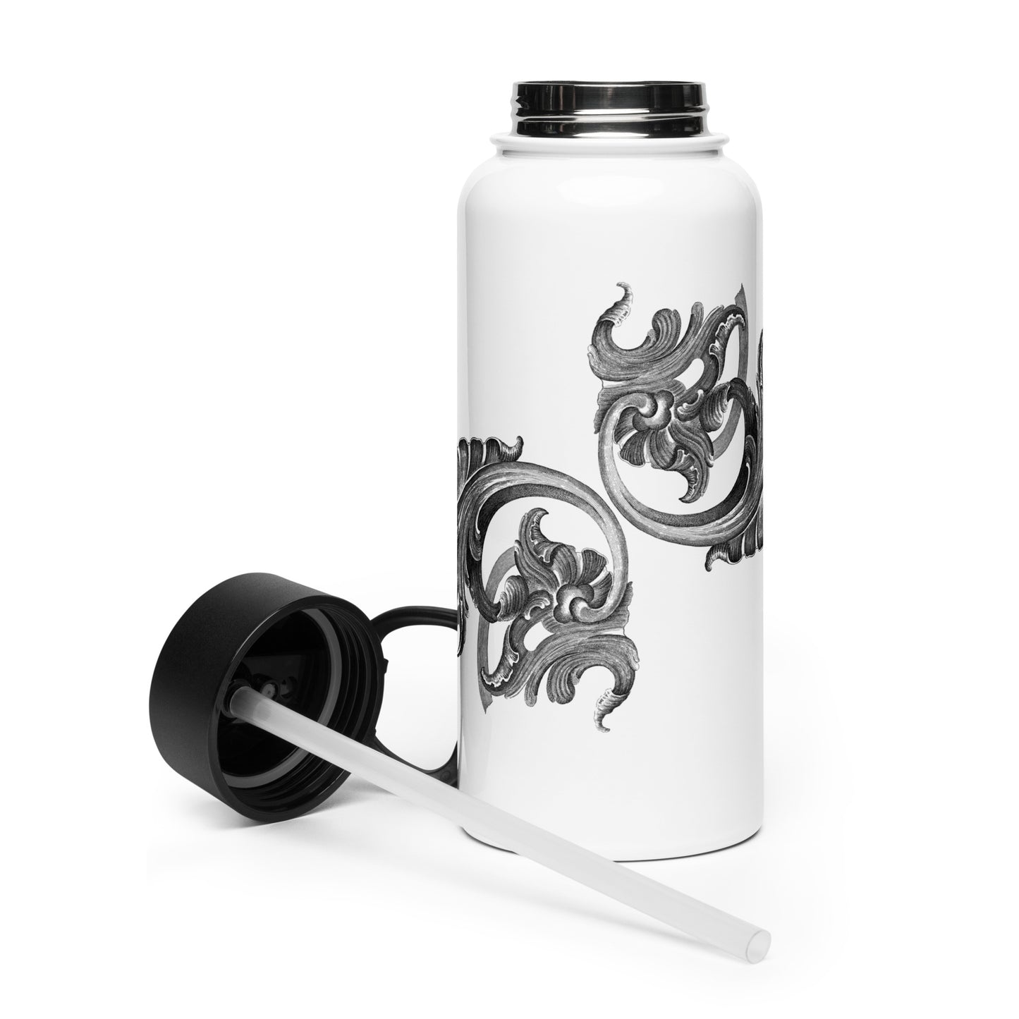 Art Nouveau Filigree Black Design White Stainless Steel Water Bottle with a Straw Lid 32 oz