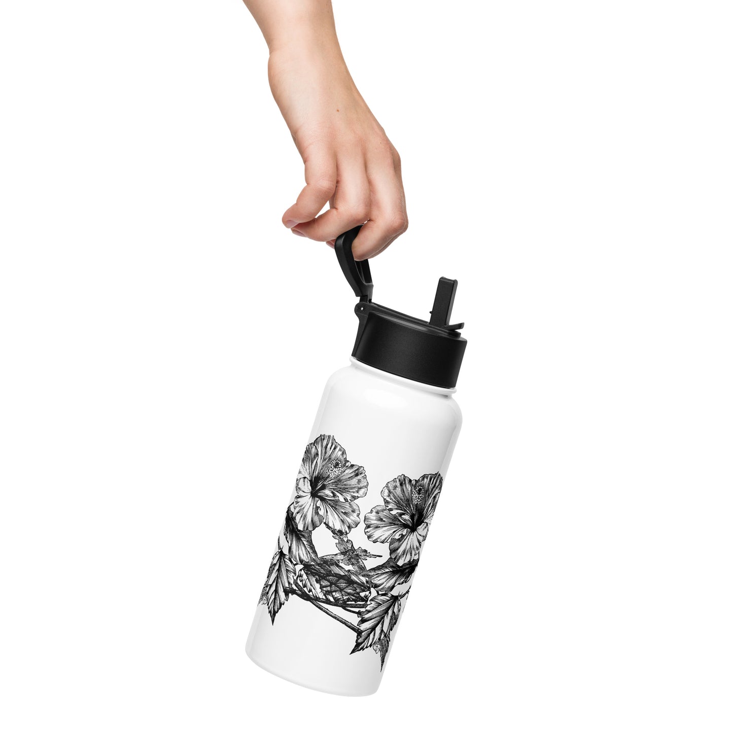 White Flowers Black Design White Stainless Steel Water Bottle with a Straw Lid 32 oz