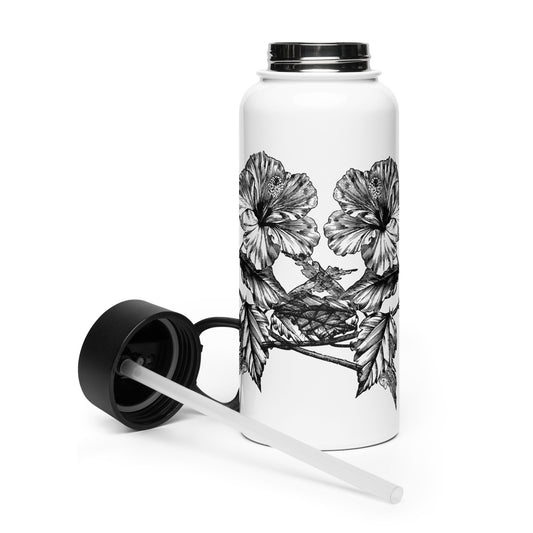 White Flowers Black Design White Stainless Steel Water Bottle with a Straw Lid 32 oz