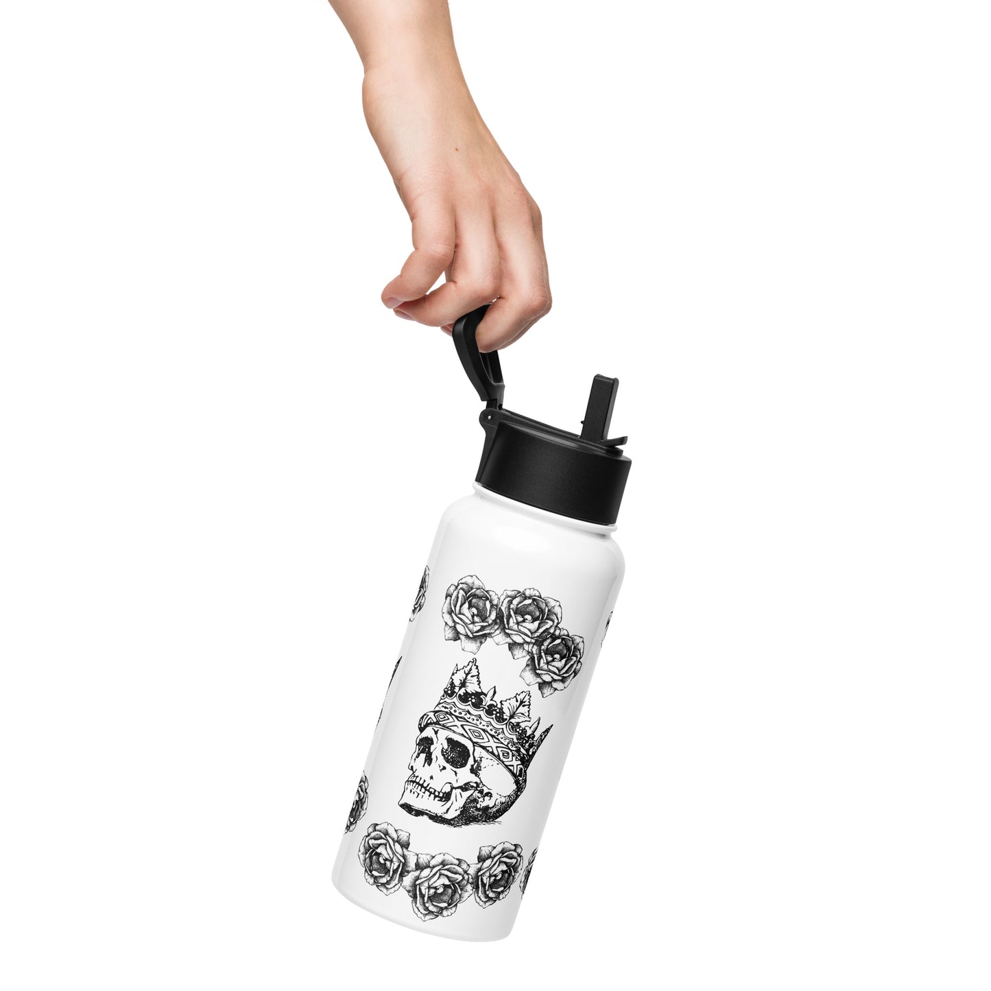 Crowned Skull & Flowers Black Design White Stainless Steel Water Bottle with a Straw Lid 32 oz