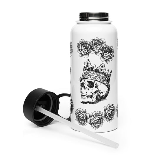 Crowned Skull & Flowers Black Design White Stainless Steel Water Bottle with a Straw Lid 32 oz
