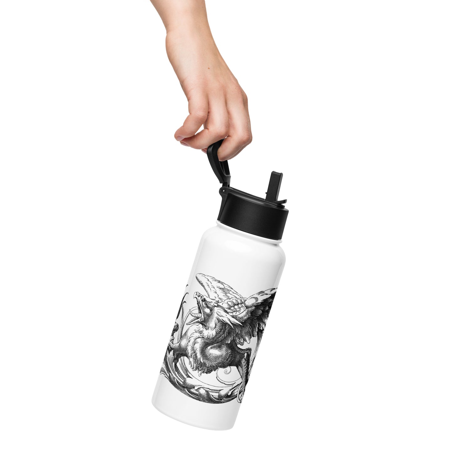 Gryphon Black Design White Stainless Steel Water Bottle with a Straw Lid 32 oz
