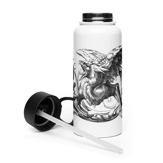 Gryphon Black Design White Stainless Steel Water Bottle with a Straw Lid 32 oz