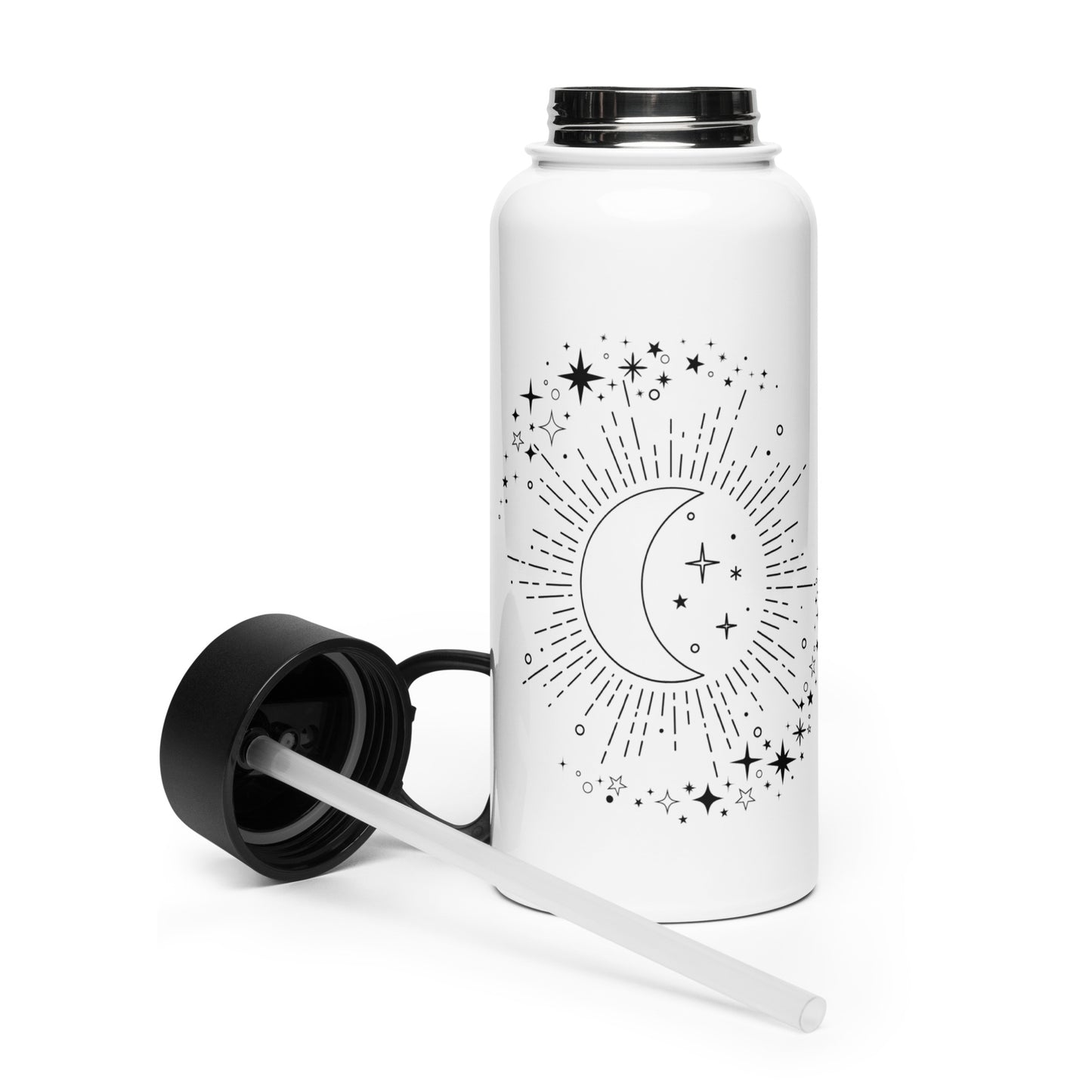 To The Moon & Stars Black Design White Stainless Steel Water Bottle with a Straw Lid 32 oz