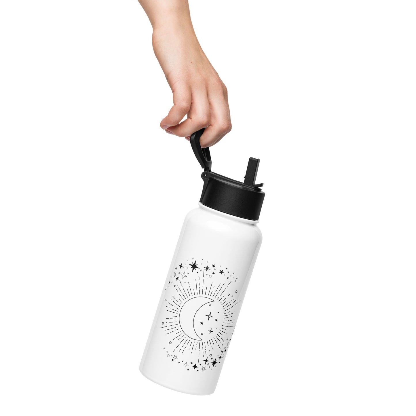 To The Moon & Stars Black Design White Stainless Steel Water Bottle with a Straw Lid 32 oz