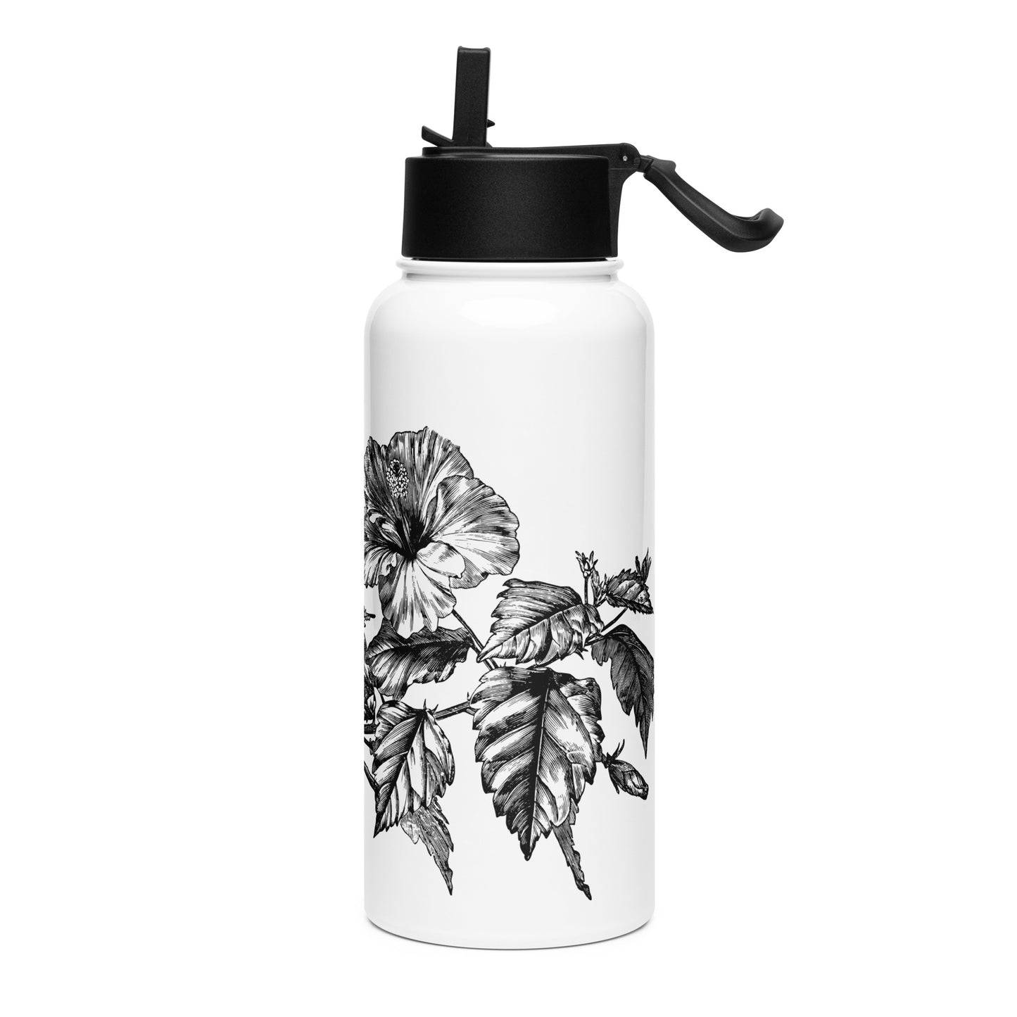 White Flowers Black Design White Stainless Steel Water Bottle with a Straw Lid 32 oz