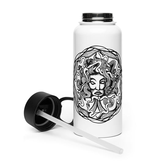 Medusa Circle Emblem Design Black Design White Stainless Steel Water Bottle with a Straw Lid 32 oz