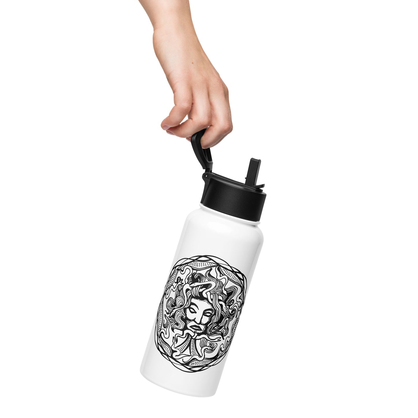 Medusa Circle Emblem Design Black Design White Stainless Steel Water Bottle with a Straw Lid 32 oz