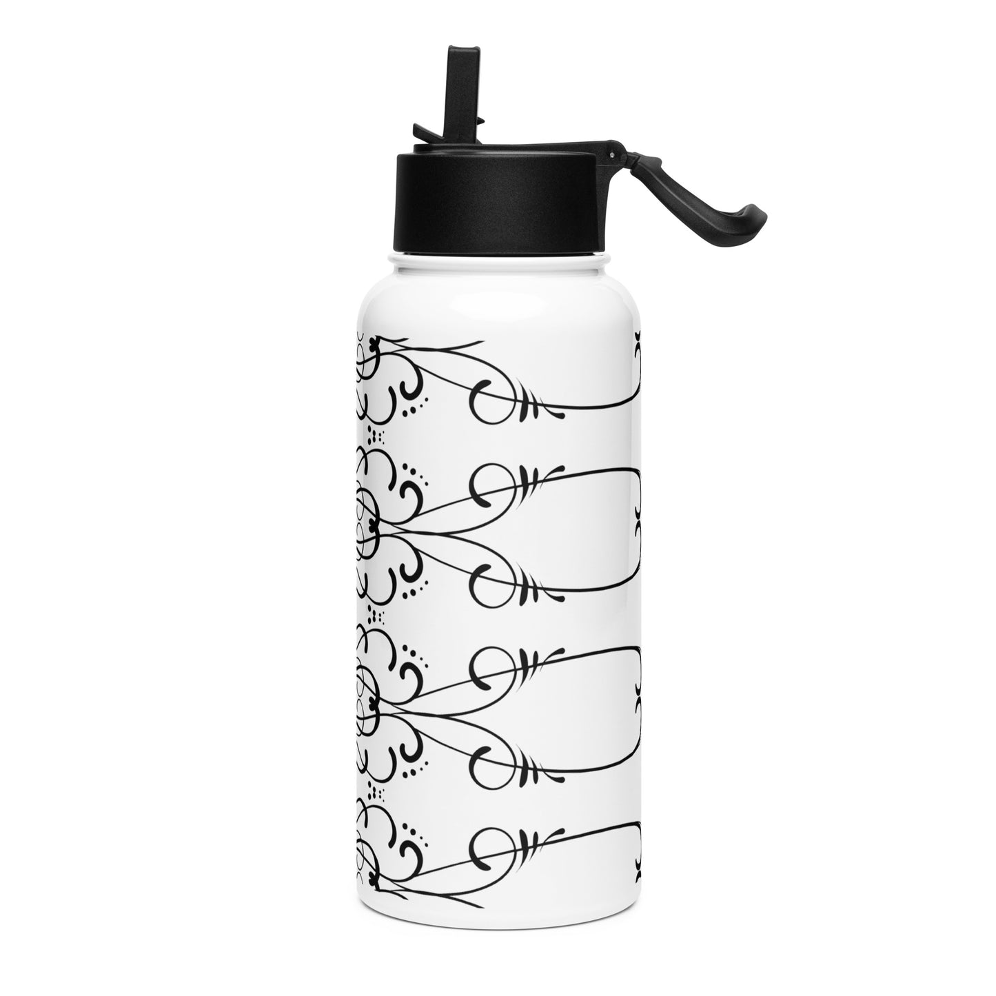 Simple Swirl Black Design White Stainless Steel Water Bottle with a Straw Lid 32 oz
