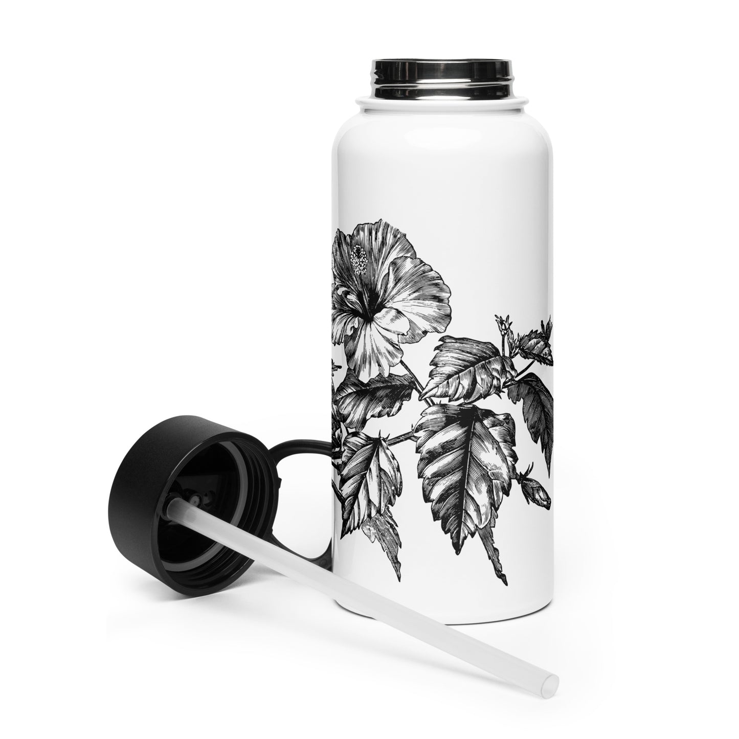 White Flowers Black Design White Stainless Steel Water Bottle with a Straw Lid 32 oz