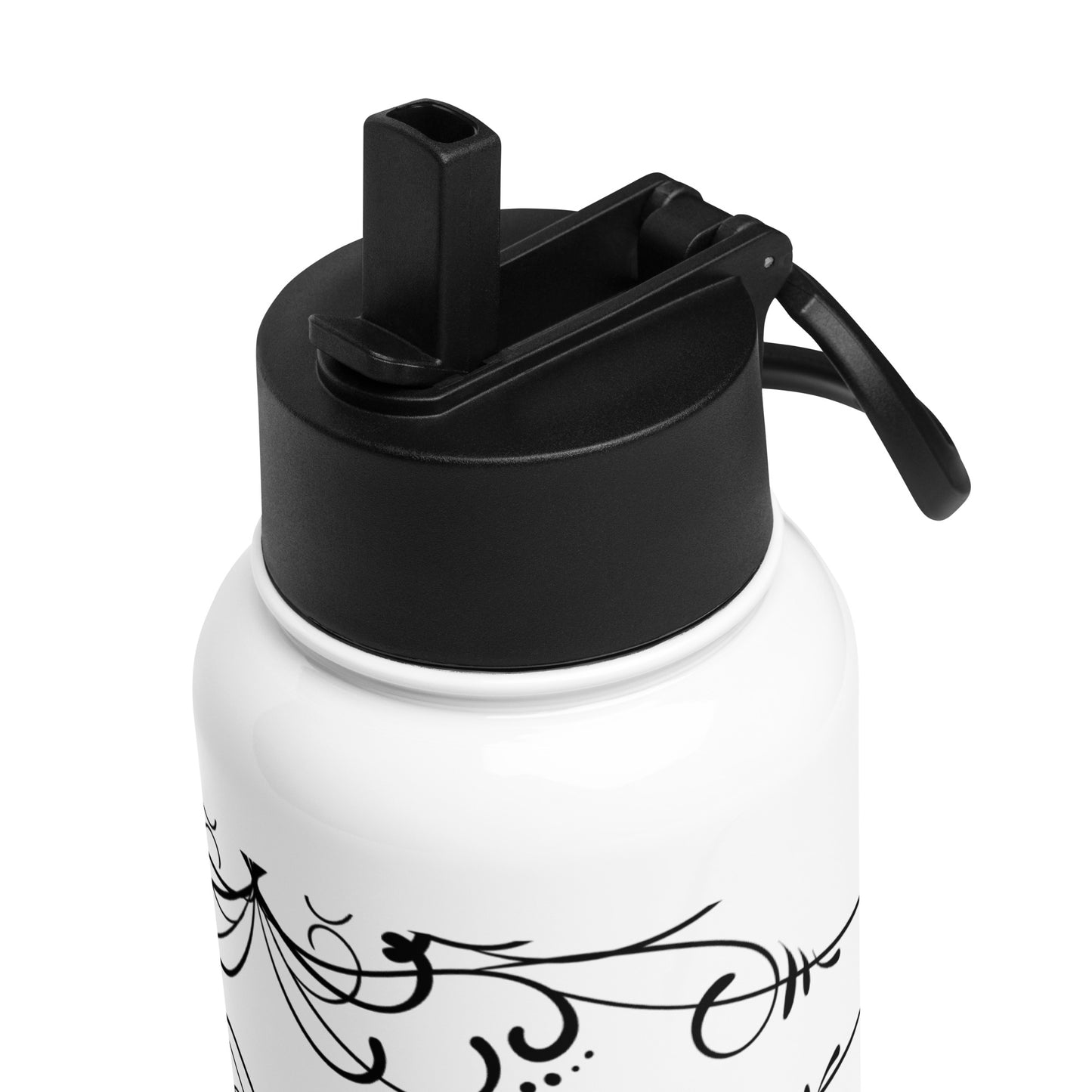 Simple Swirl Black Design White Stainless Steel Water Bottle with a Straw Lid 32 oz