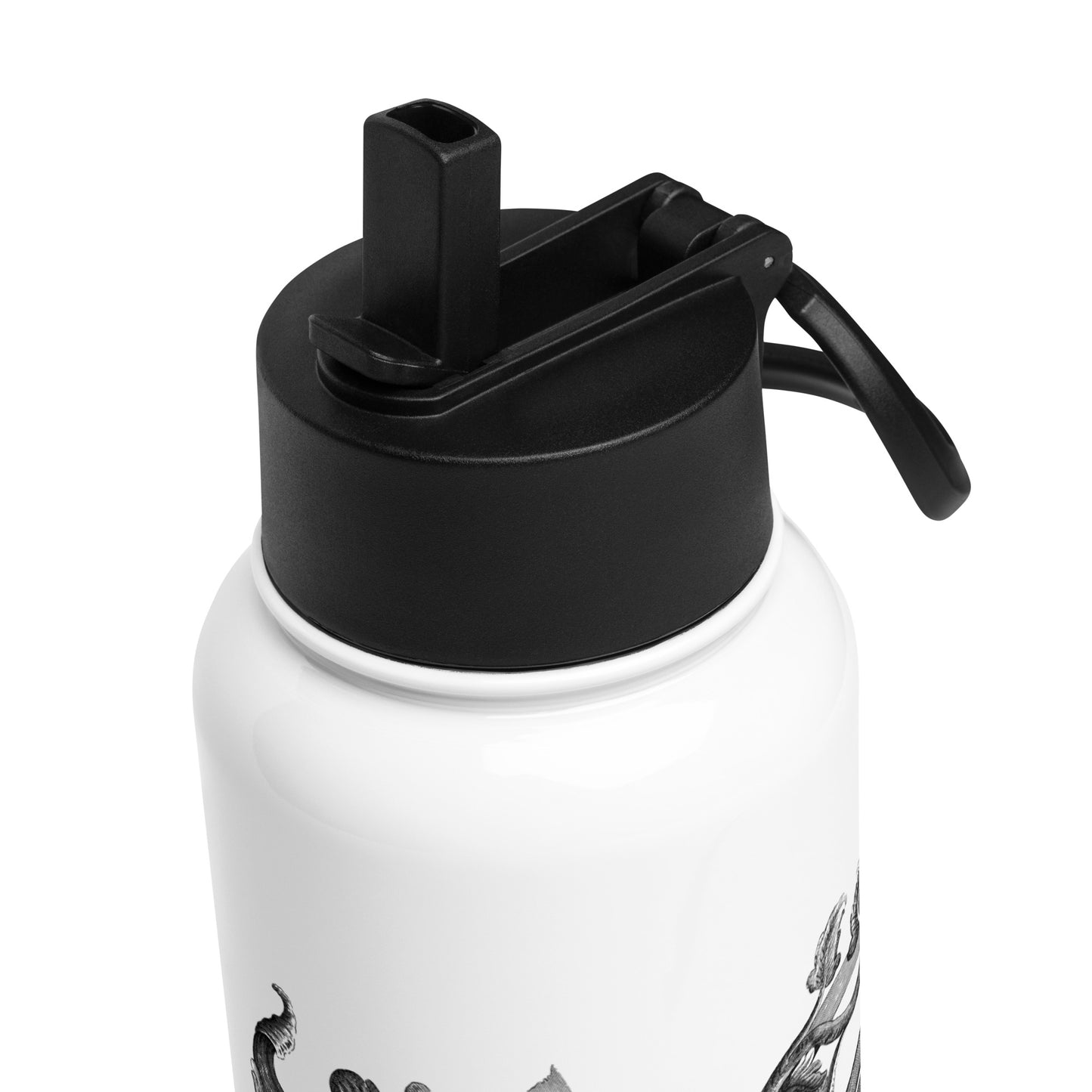 Art Nouveau Filigree Black Design White Stainless Steel Water Bottle with a Straw Lid 32 oz
