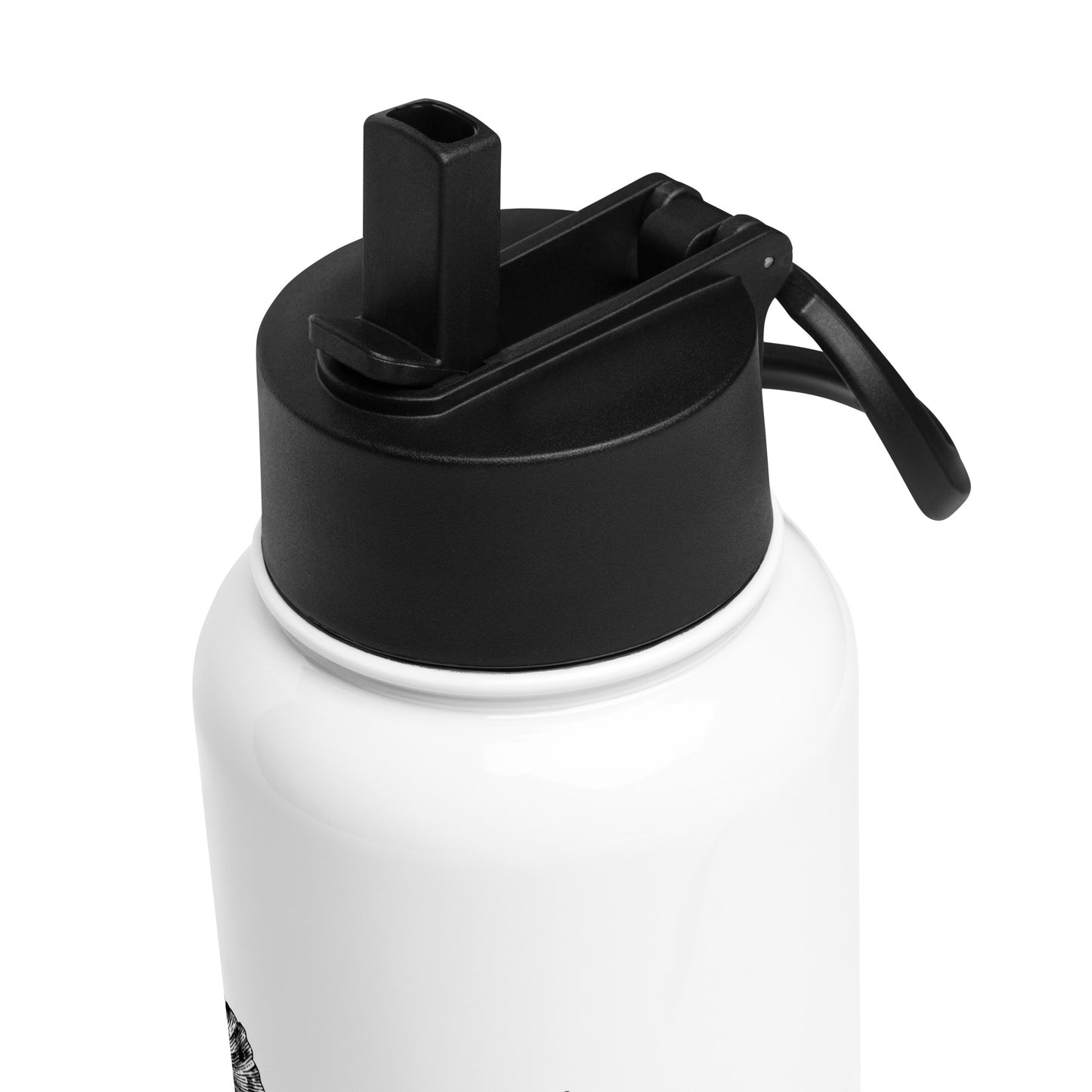 White Flowers Black Design White Stainless Steel Water Bottle with a Straw Lid 32 oz