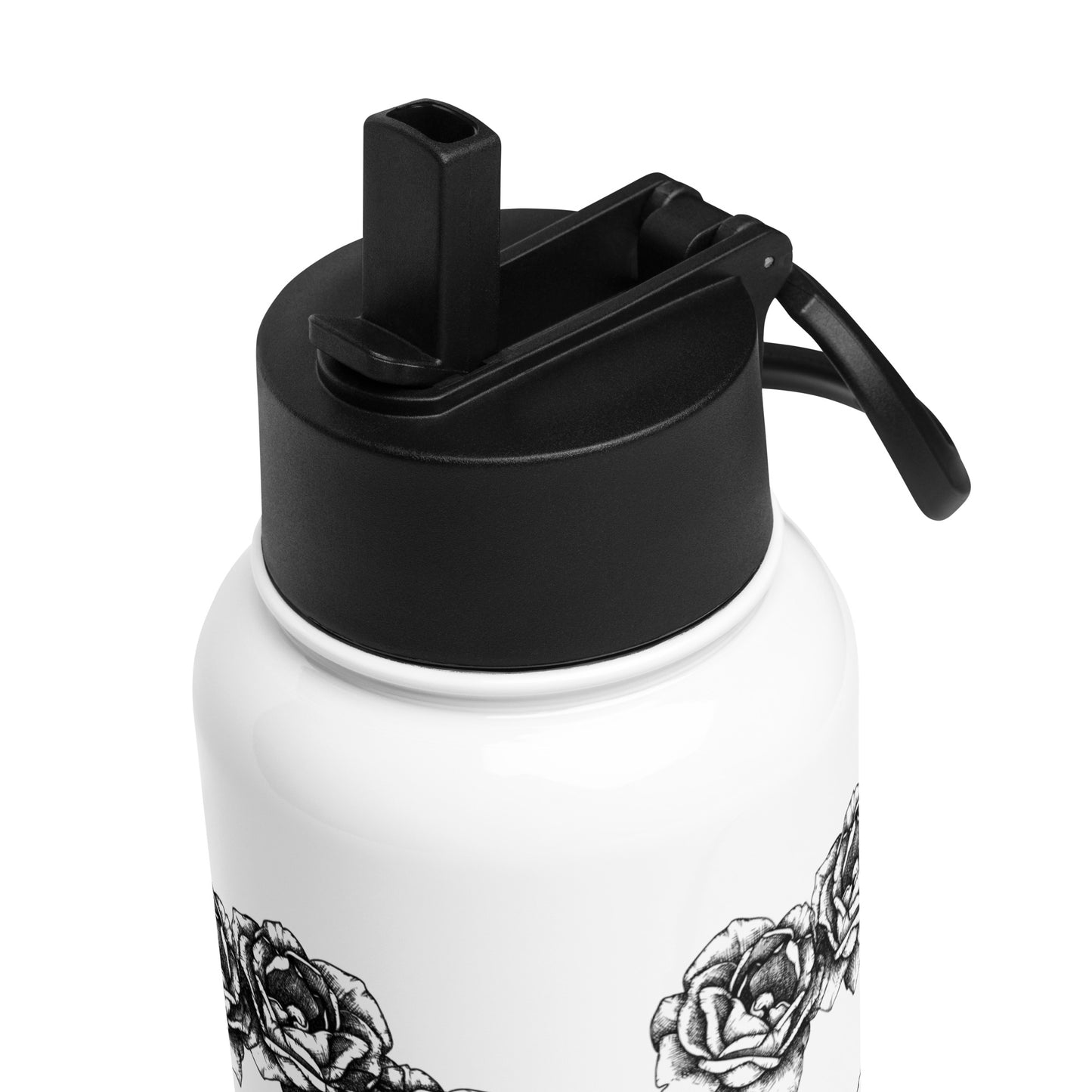 Crowned Skull & Flowers Black Design White Stainless Steel Water Bottle with a Straw Lid 32 oz
