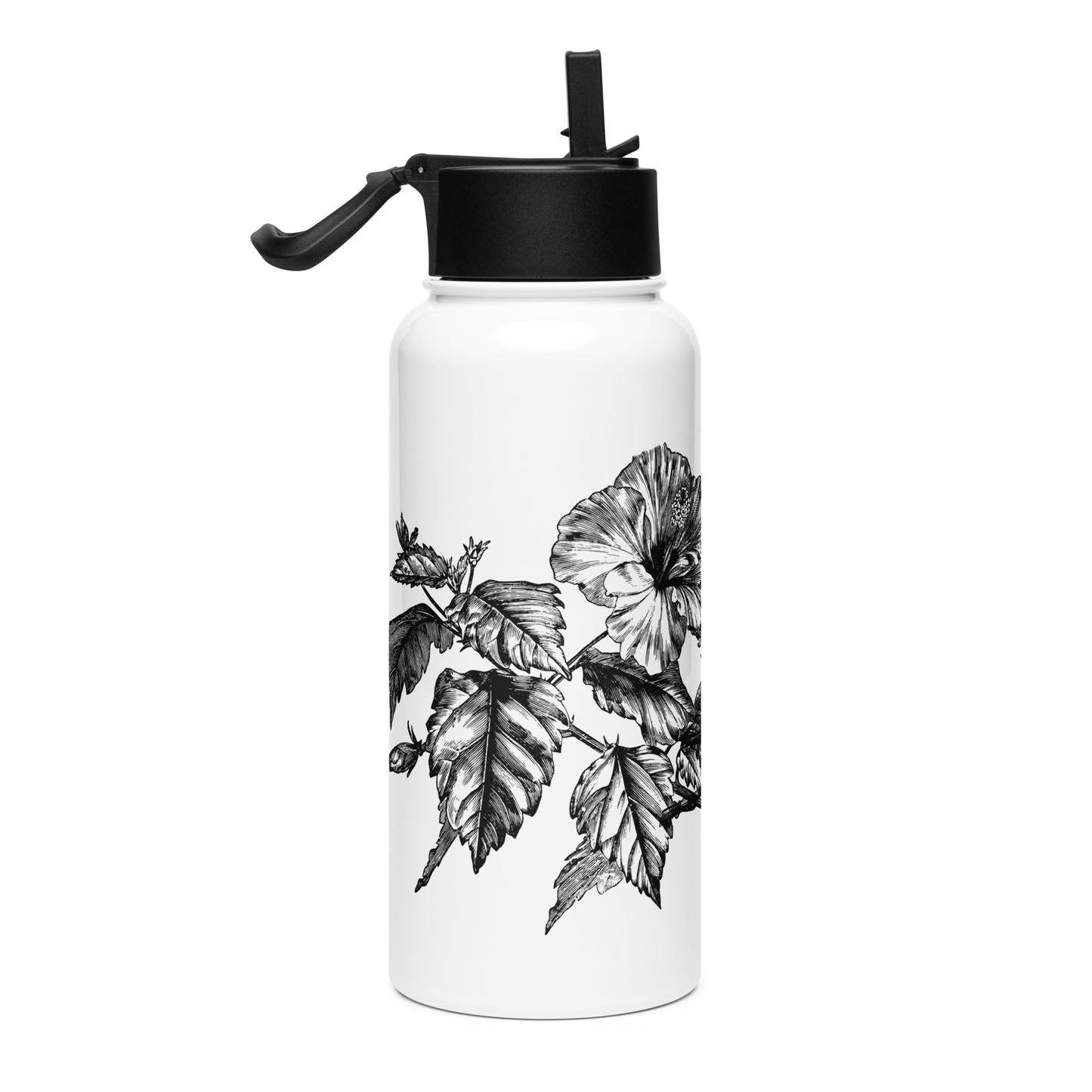 White Flowers Black Design White Stainless Steel Water Bottle with a Straw Lid 32 oz