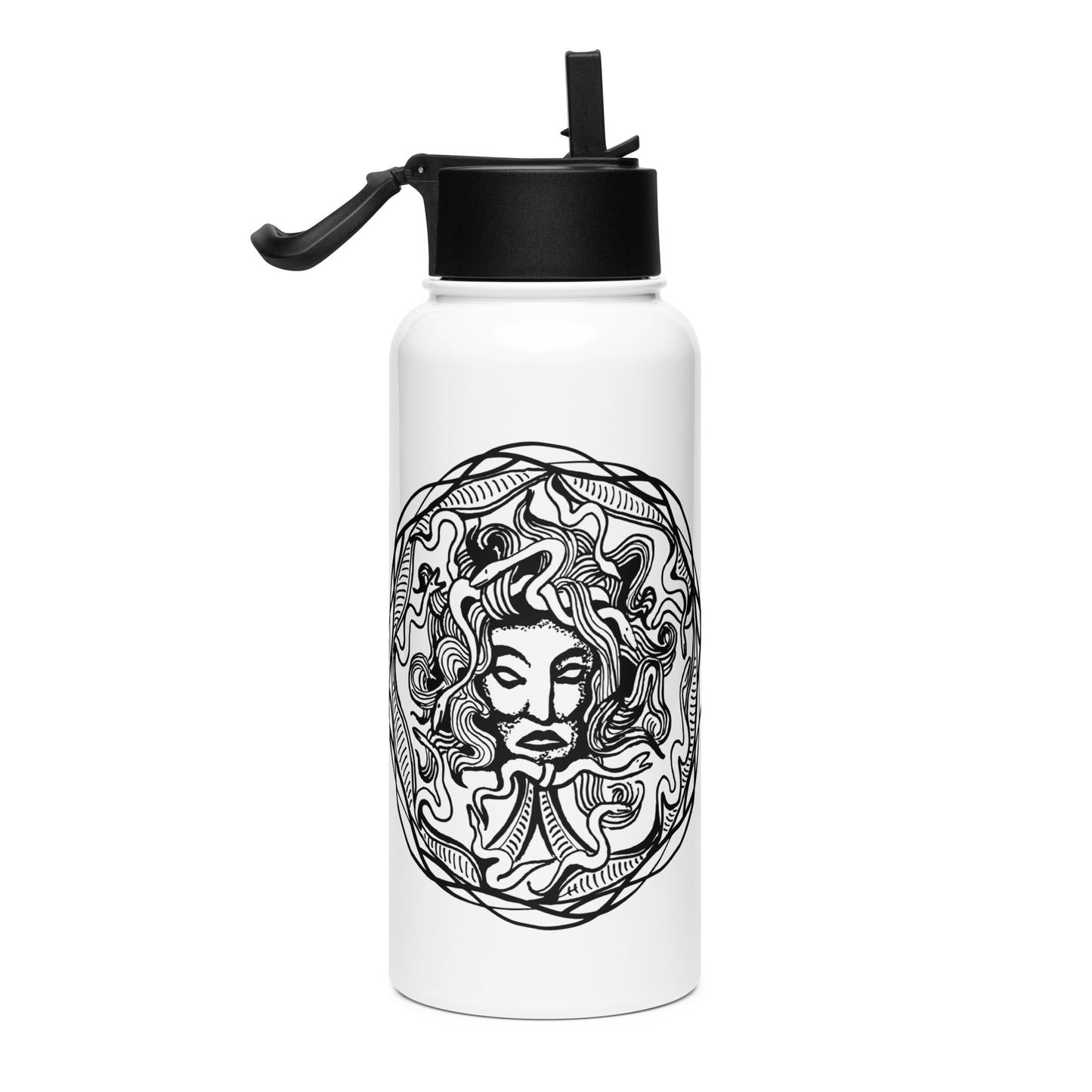 Medusa Circle Emblem Design Black Design White Stainless Steel Water Bottle with a Straw Lid 32 oz