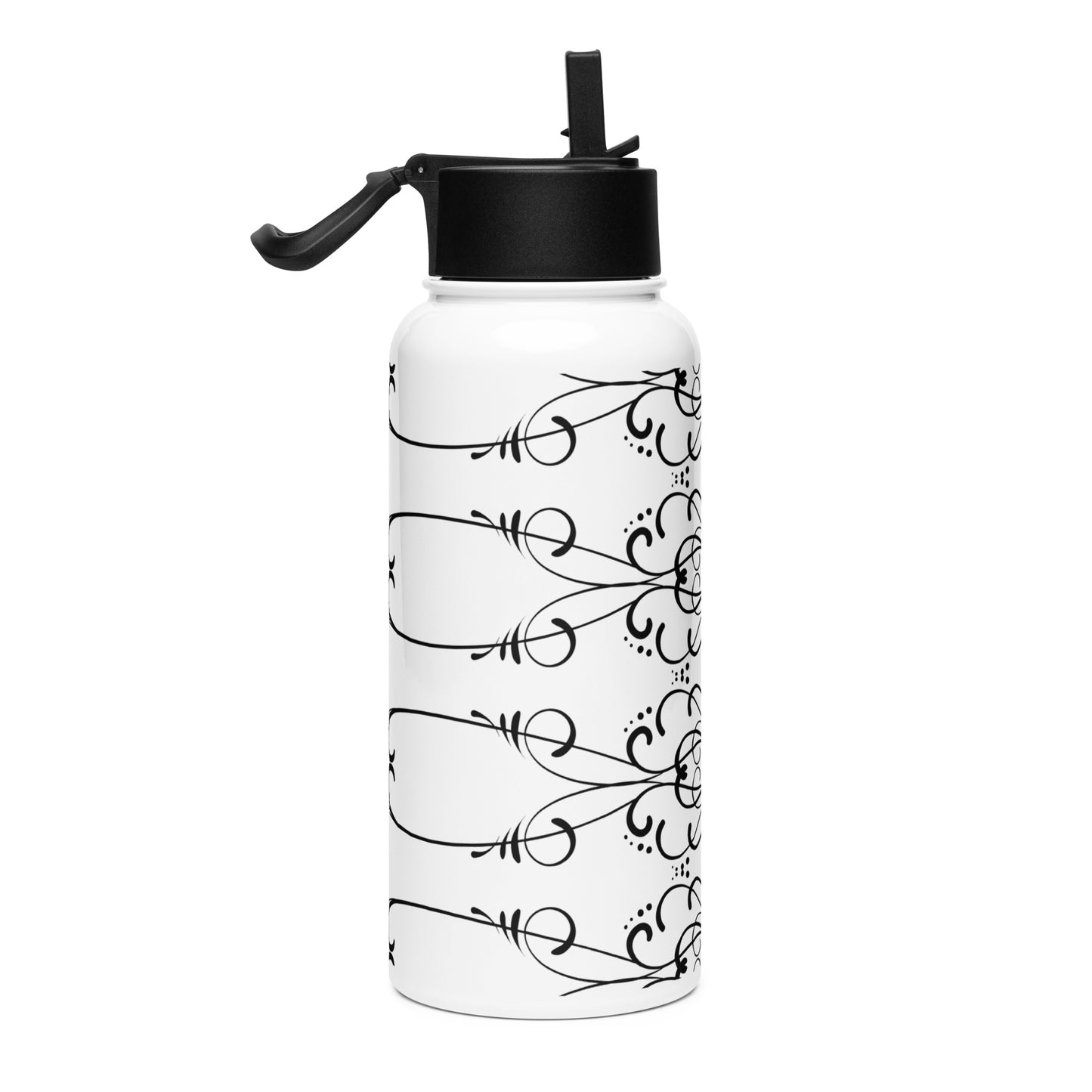 Simple Swirl Black Design White Stainless Steel Water Bottle with a Straw Lid 32 oz