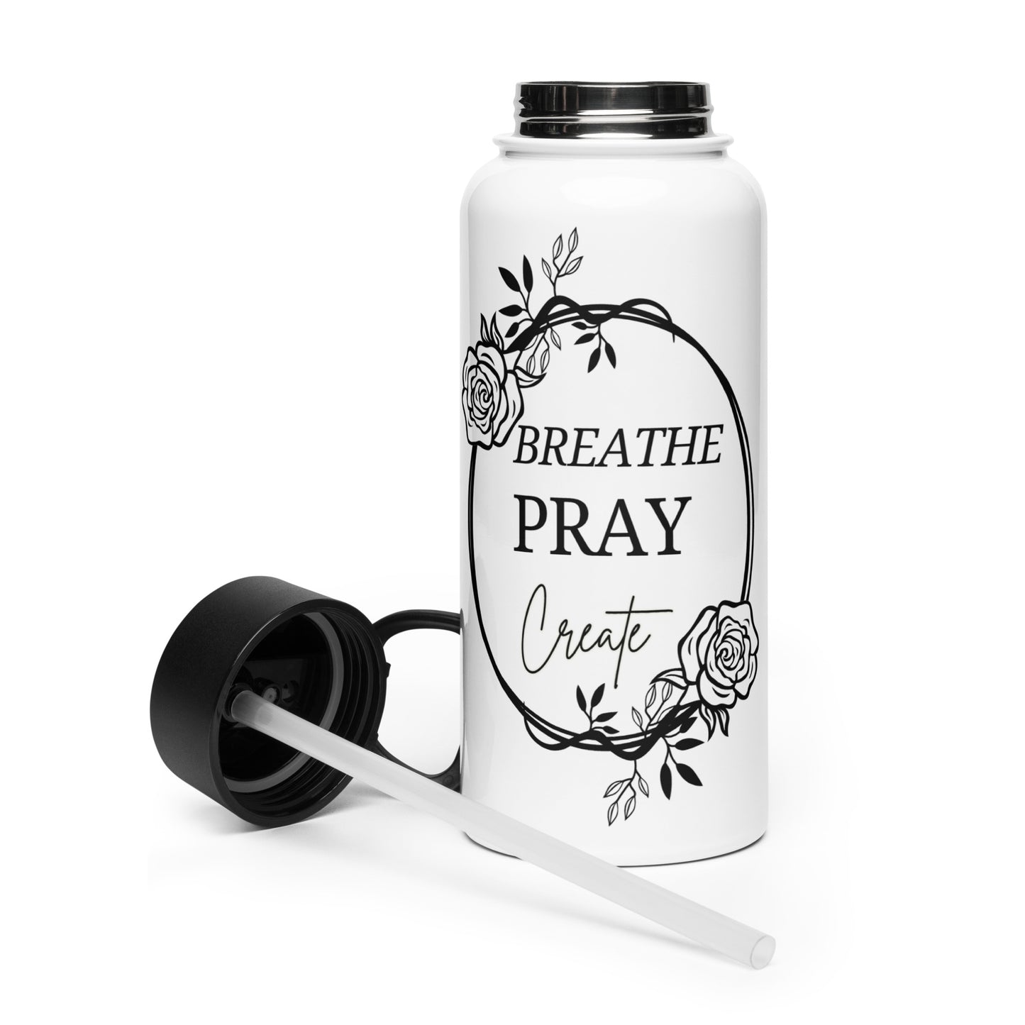 Breathe Pray Create Flower Frame White Stainless Steel Water Bottle with a Straw Lid 32 oz
