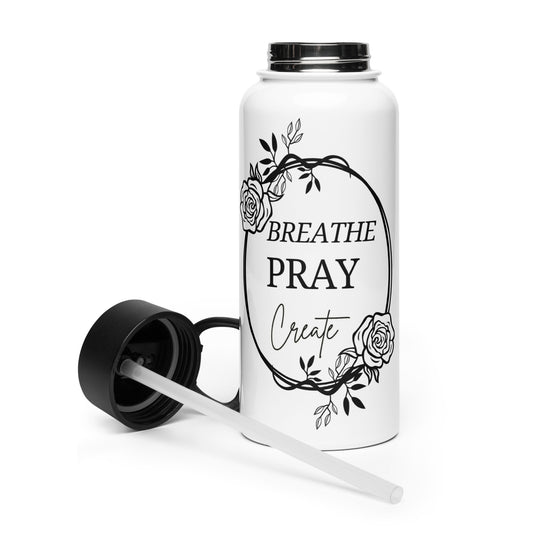 Breathe Pray Create Flower Frame White Stainless Steel Water Bottle with a Straw Lid 32 oz