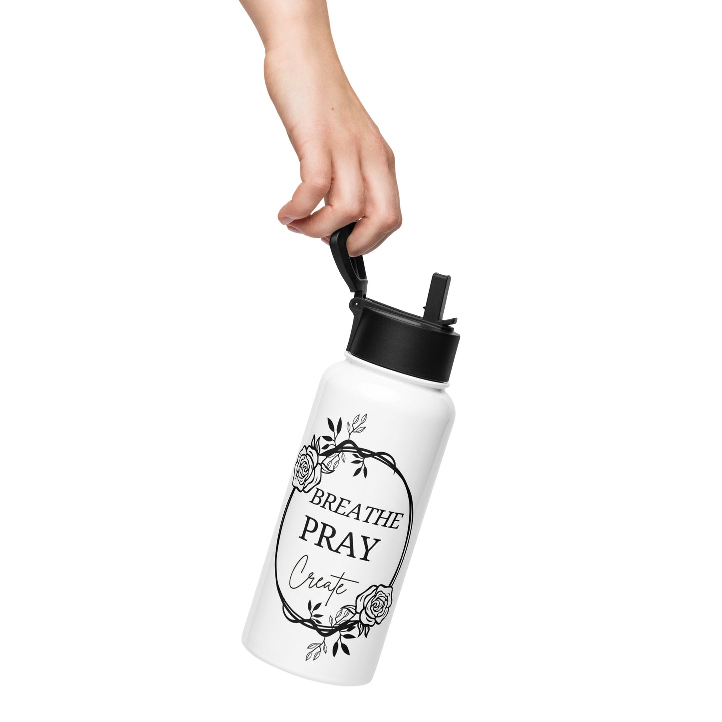 Breathe Pray Create Flower Frame White Stainless Steel Water Bottle with a Straw Lid 32 oz