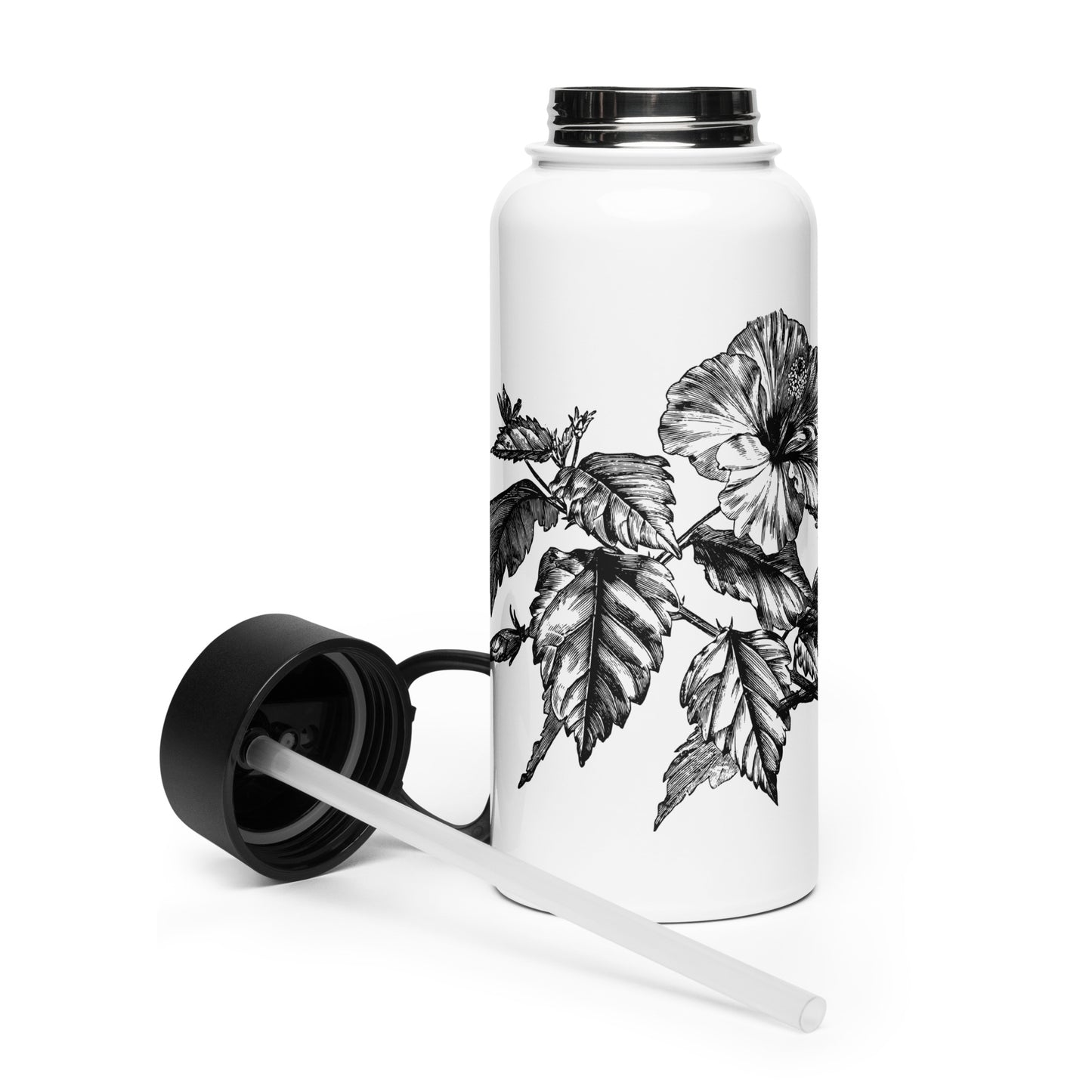 White Flowers Black Design White Stainless Steel Water Bottle with a Straw Lid 32 oz
