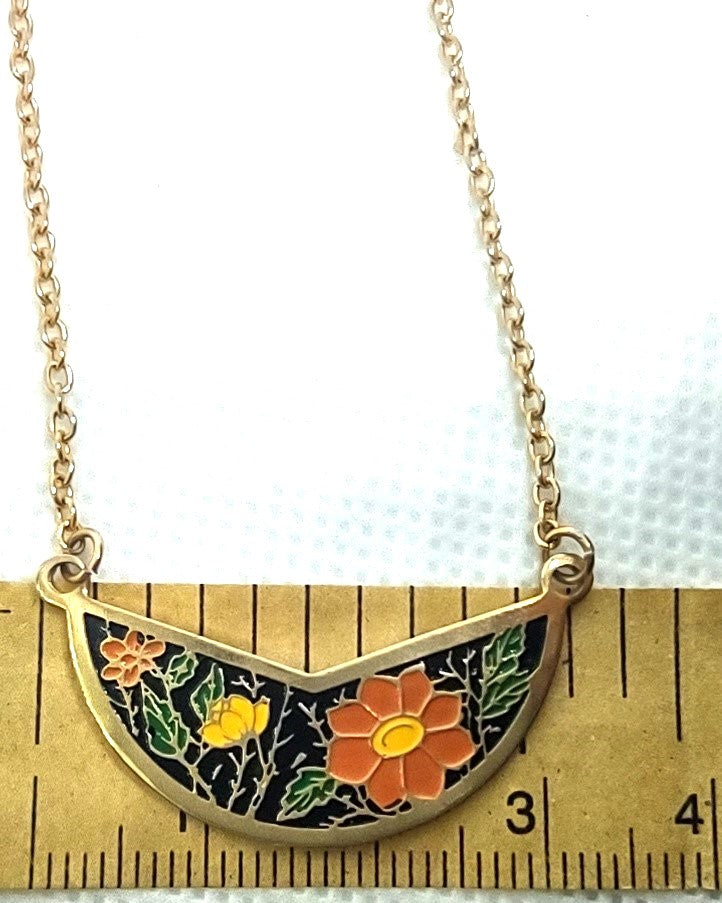 Vintage Orange and Yellow Enamel Flower Necklace