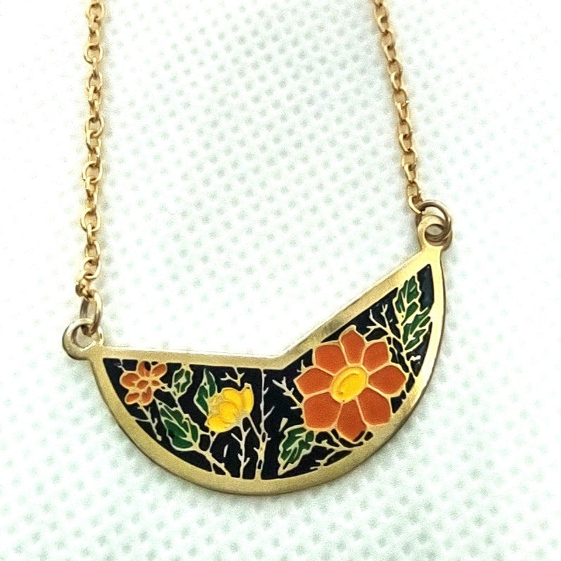 Vintage Orange and Yellow Enamel Flower Necklace