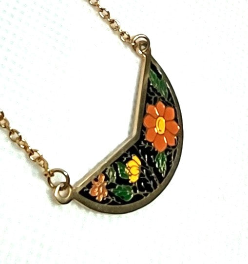 Vintage Orange and Yellow Enamel Flower Necklace