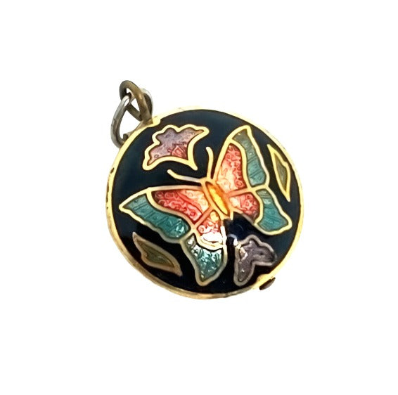 Vintage Butterfly and Flower Reversible Enamel Pendant