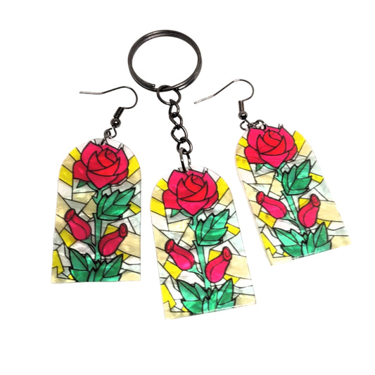 Flower Design Stained Glass Style Acrylic Chain Ring Adornment and Earring Set