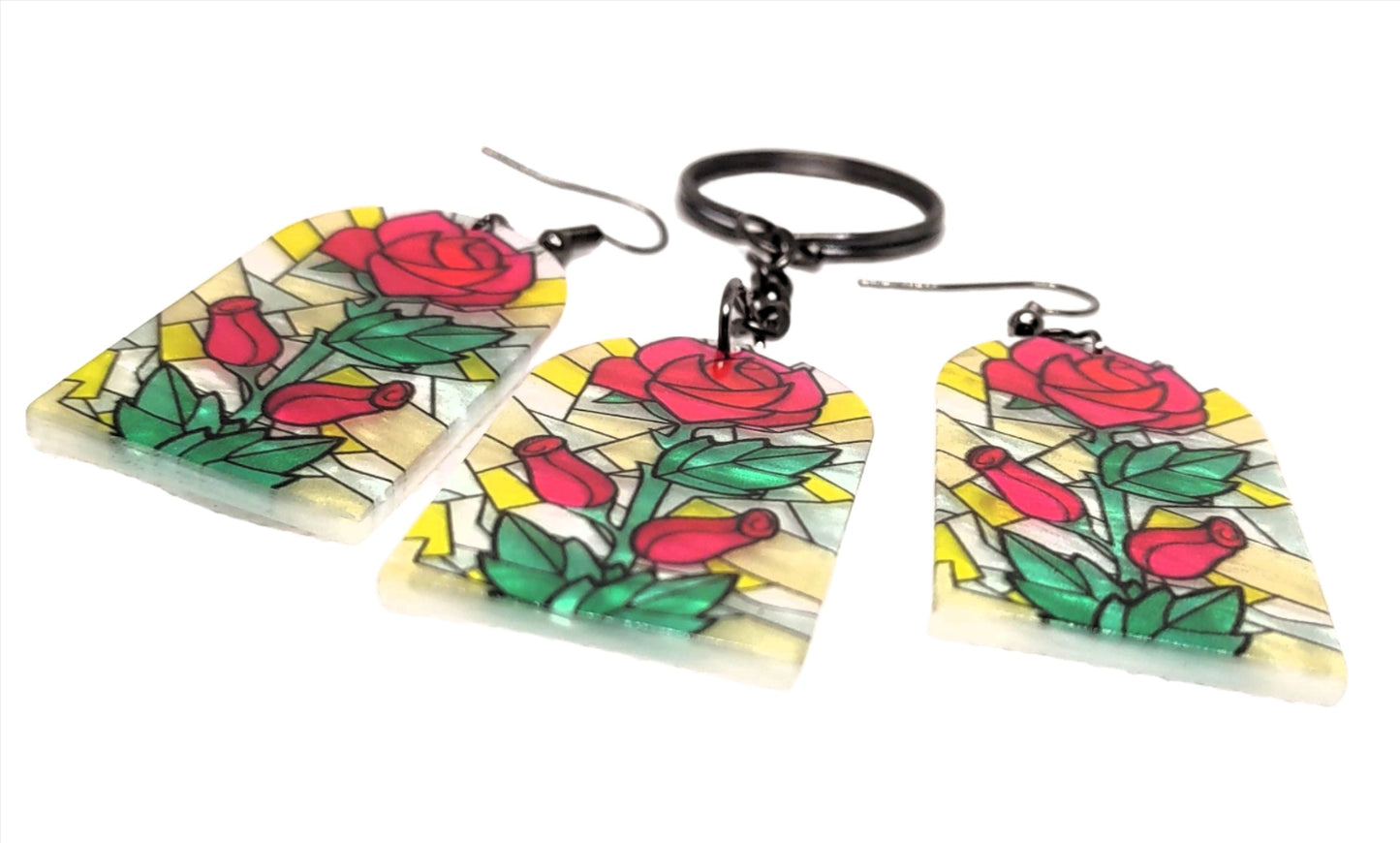 Flower Design Stained Glass Style Acrylic Chain Ring Adornment and Earring Set