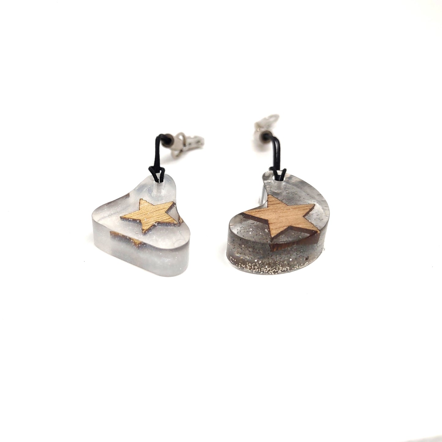 Wood Star Resin Abstract Adornment Set Shimmering Back & White