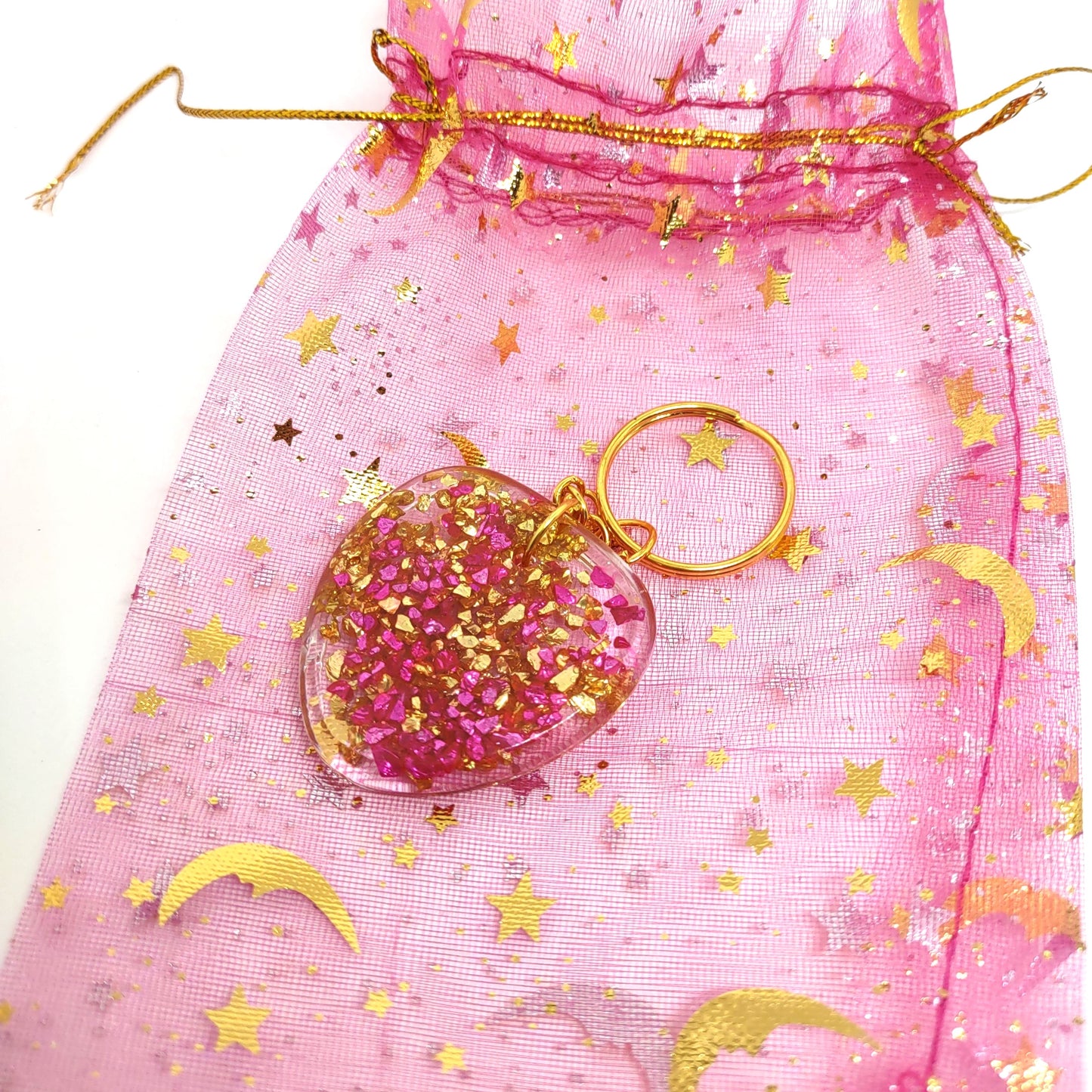 Pink & Golden Stones Resin Adornment on Chain Ring Textured