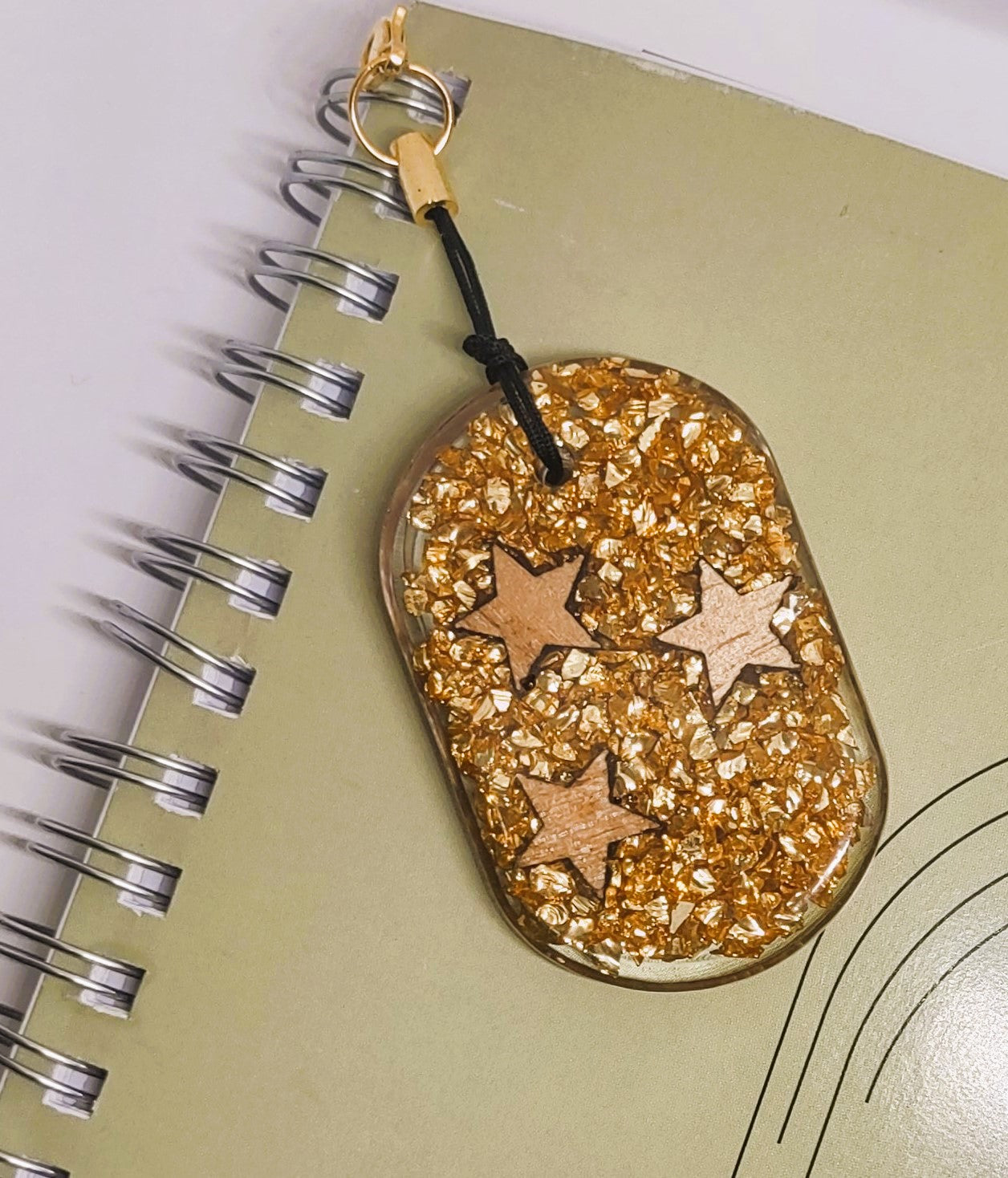 Wood Stars & Golden Rocks Encased Resin Shield Adornment Textured