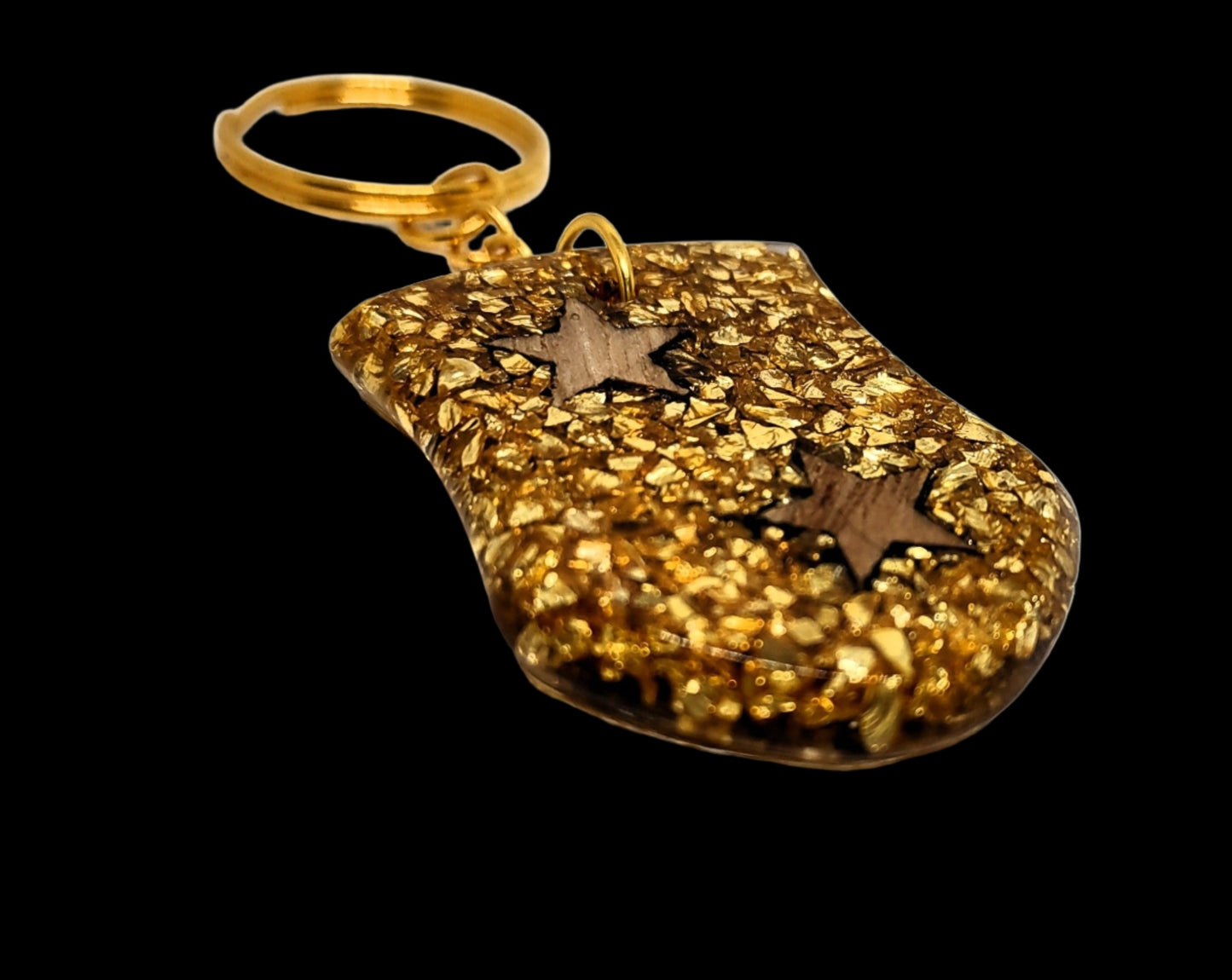 Wood Stars & Golden Stones Resin Shield Adornment on Chain Ring