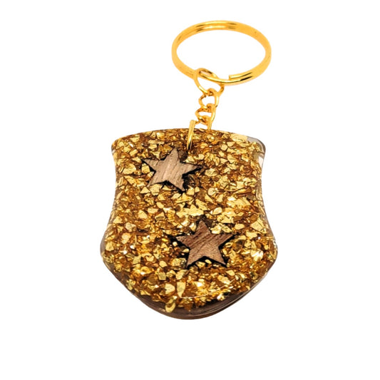 Wood Stars & Golden Stones Resin Shield Adornment on Chain Ring