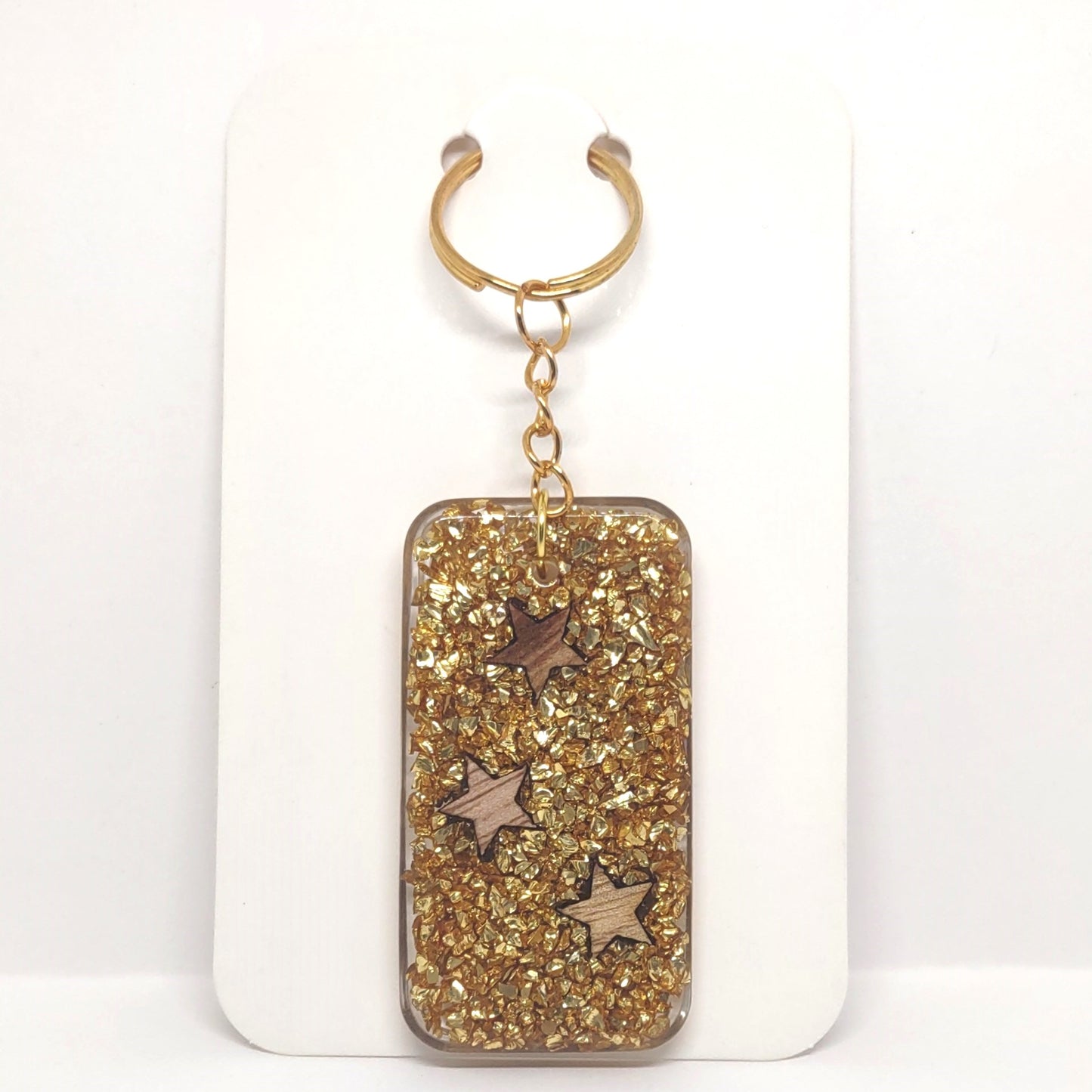 Wood Stars & Golden Stones Encased Resin Rectangle Adornment Chain Ring