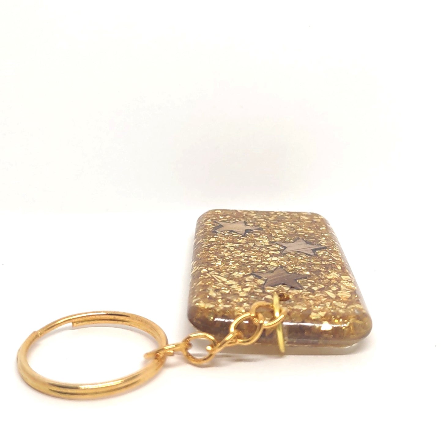 Wood Stars & Golden Stones Encased Resin Rectangle Adornment Chain Ring