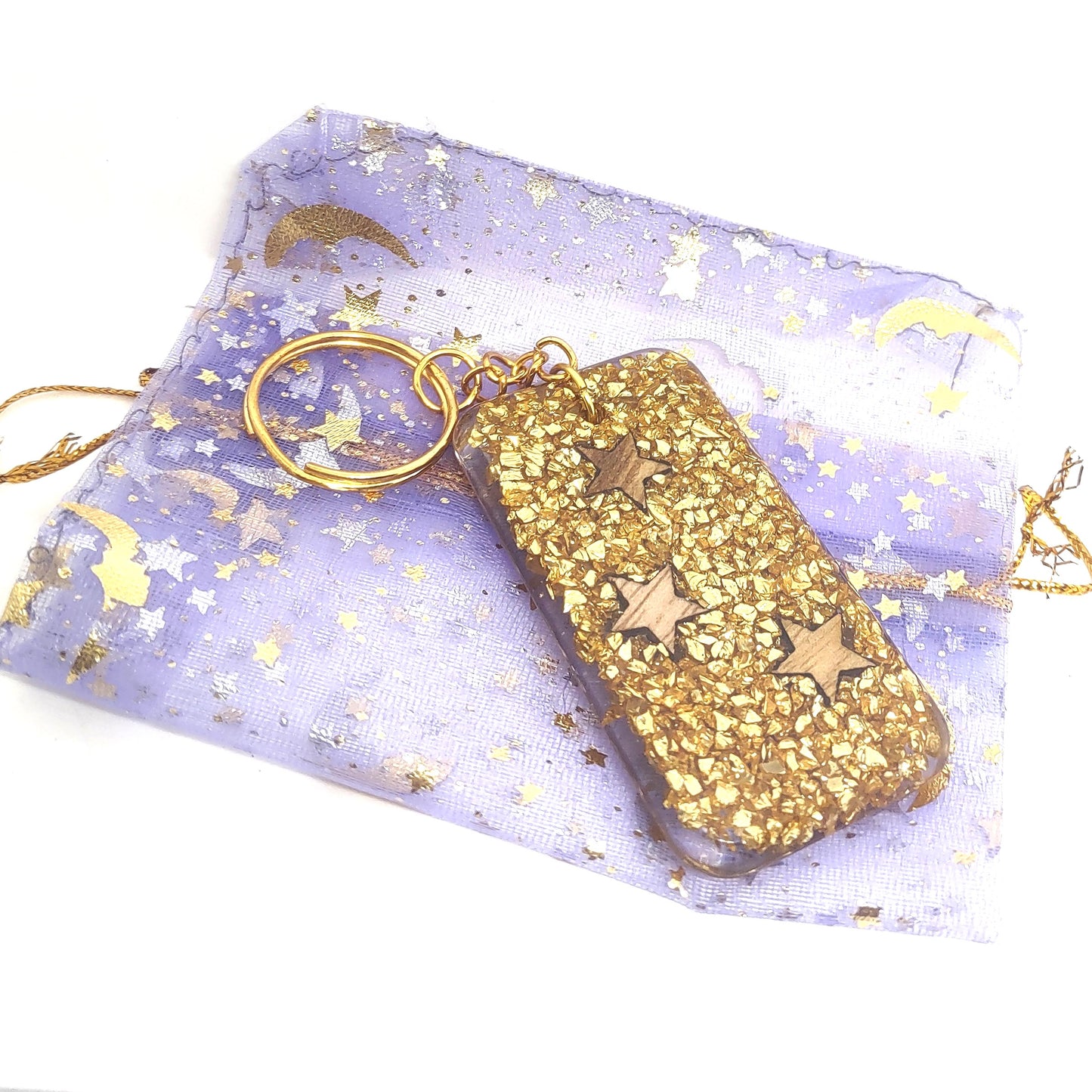 Wood Stars & Golden Stones Encased Resin Rectangle Adornment Chain Ring