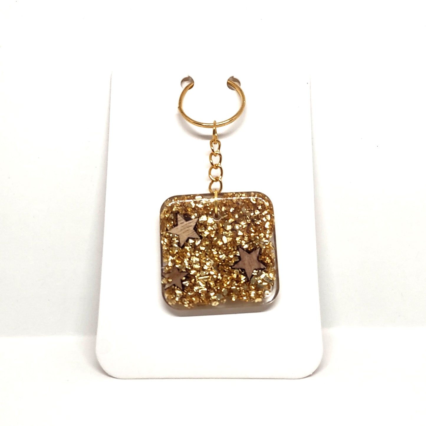 Wood Stars & Golden Stones Encased Resin Square Adornment