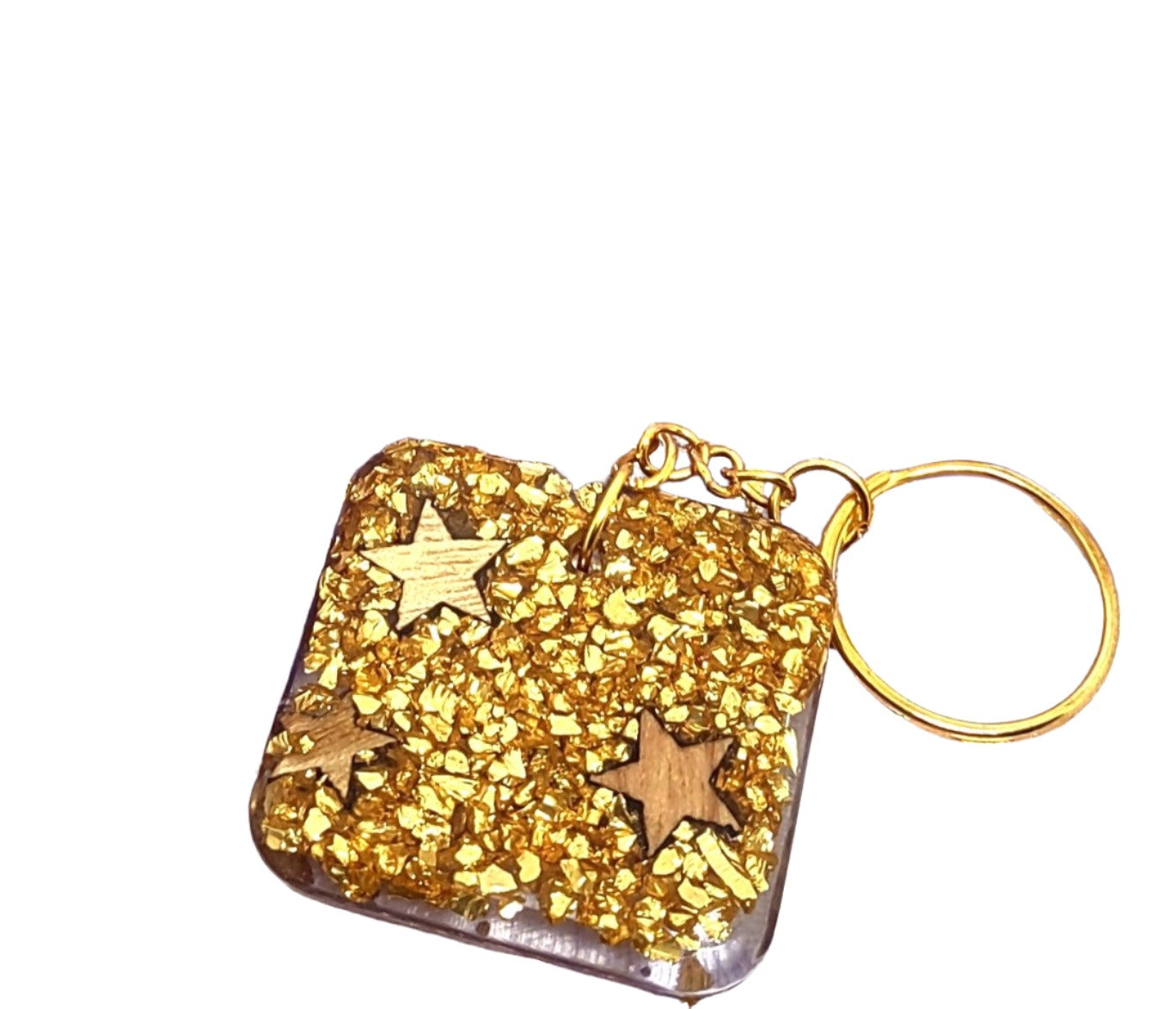 Wood Stars & Golden Stones Encased Resin Square Adornment