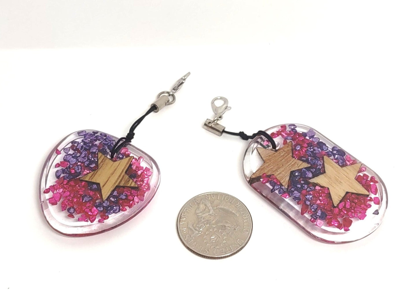 Wood Stars with Purple & Pink Rocks Encased Resin Adornments Set Abstract Rounded Rectangle