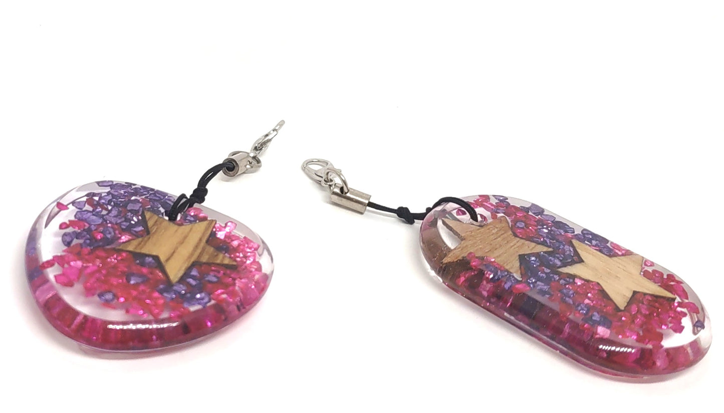 Wood Stars with Purple & Pink Rocks Encased Resin Adornments Set Abstract Rounded Rectangle