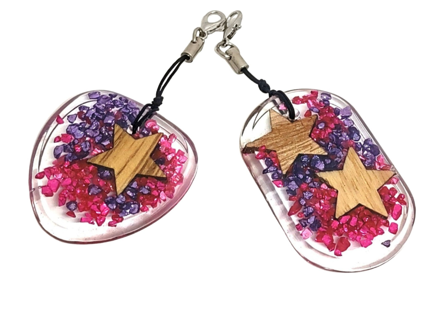 Wood Stars with Purple & Pink Rocks Encased Resin Adornments Set Abstract Rounded Rectangle