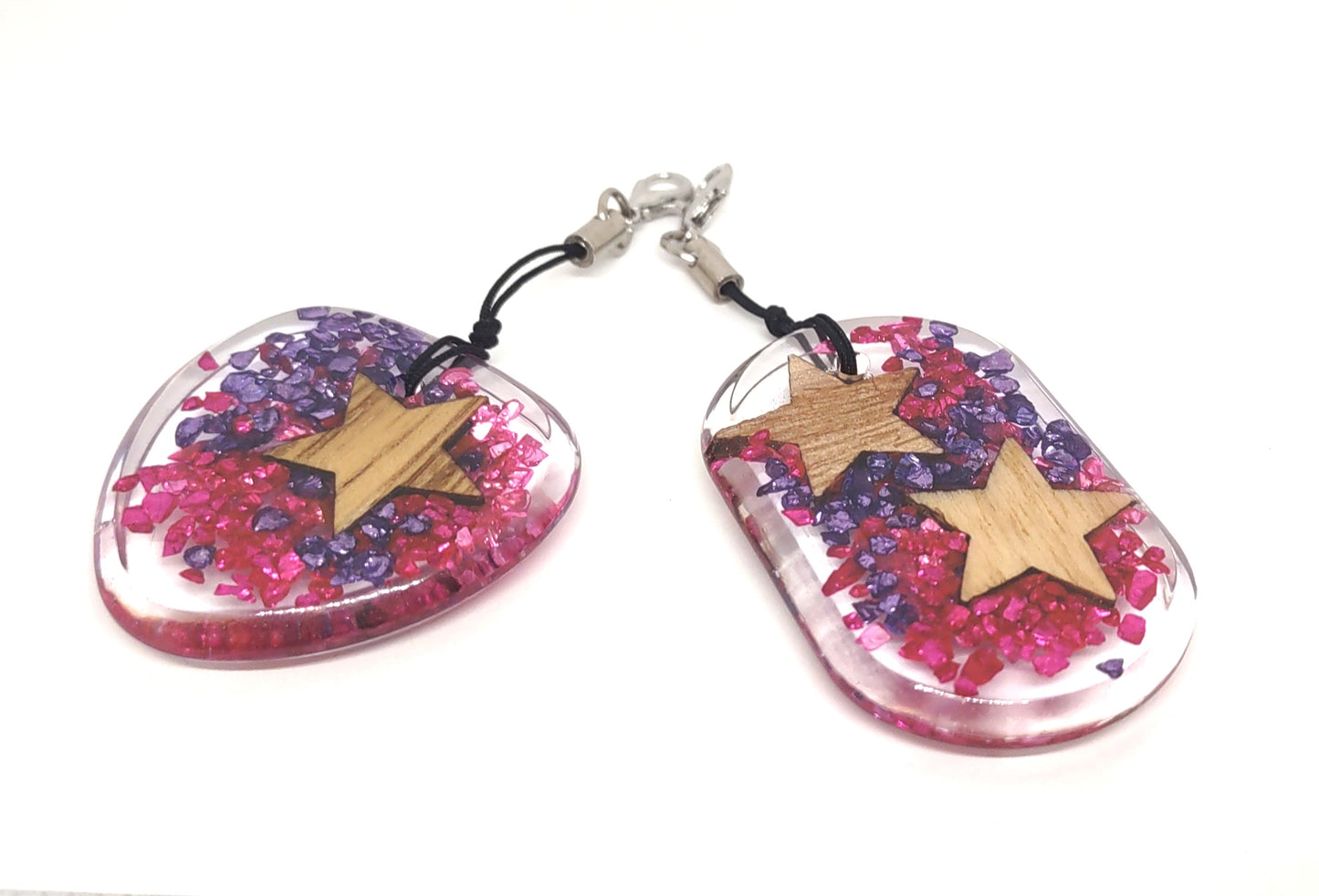 Wood Stars with Purple & Pink Rocks Encased Resin Adornments Set Abstract Rounded Rectangle