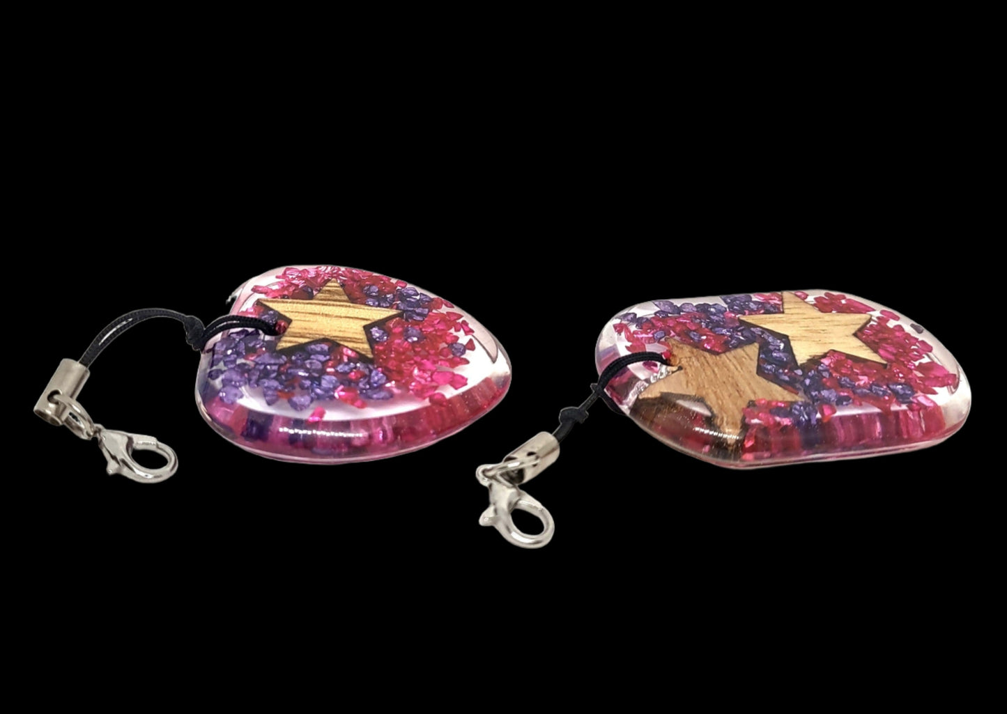 Wood Stars with Purple & Pink Rocks Encased Resin Adornments Set Abstract Rounded Rectangle