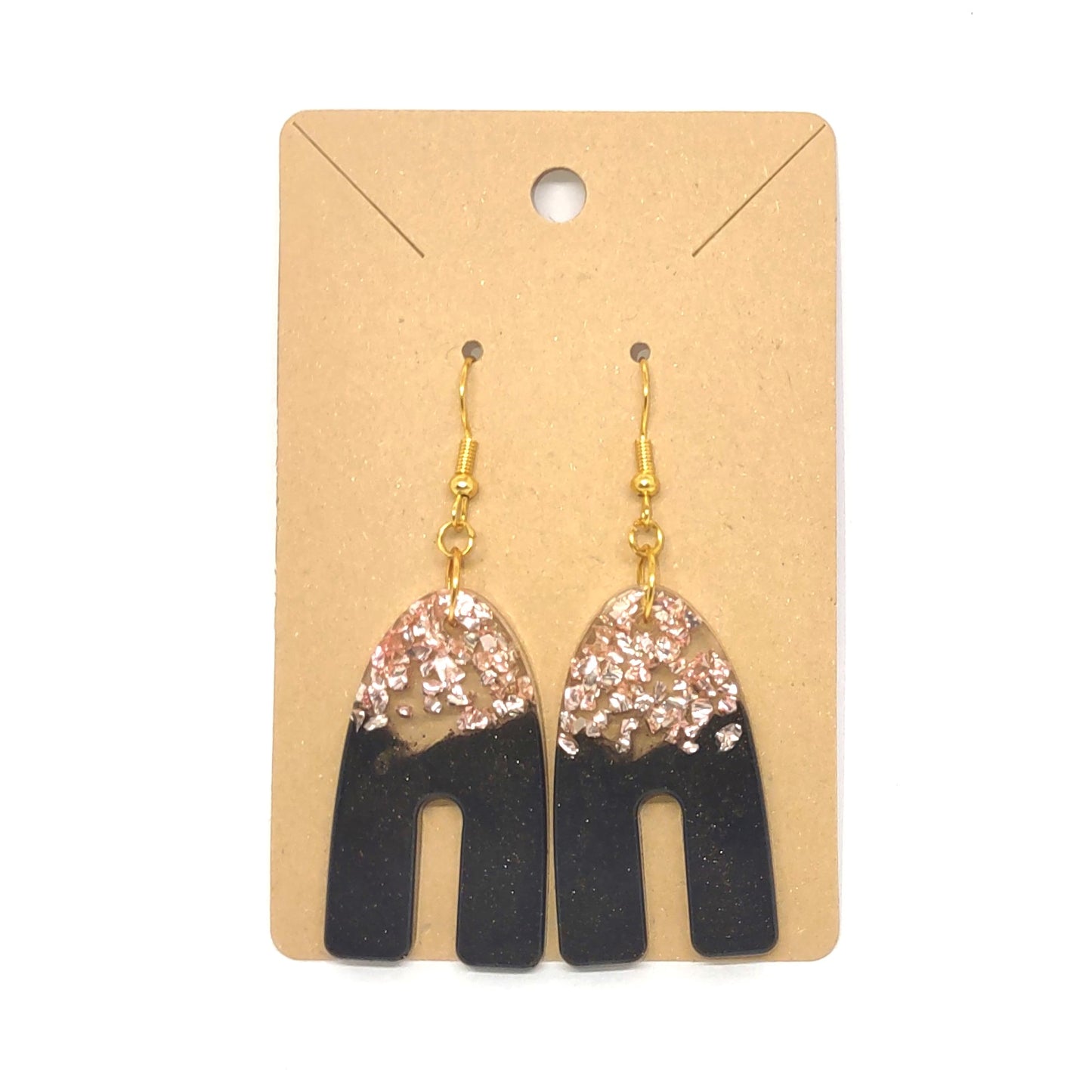 Rose Gold Stones Black Resin High Arch Earrings