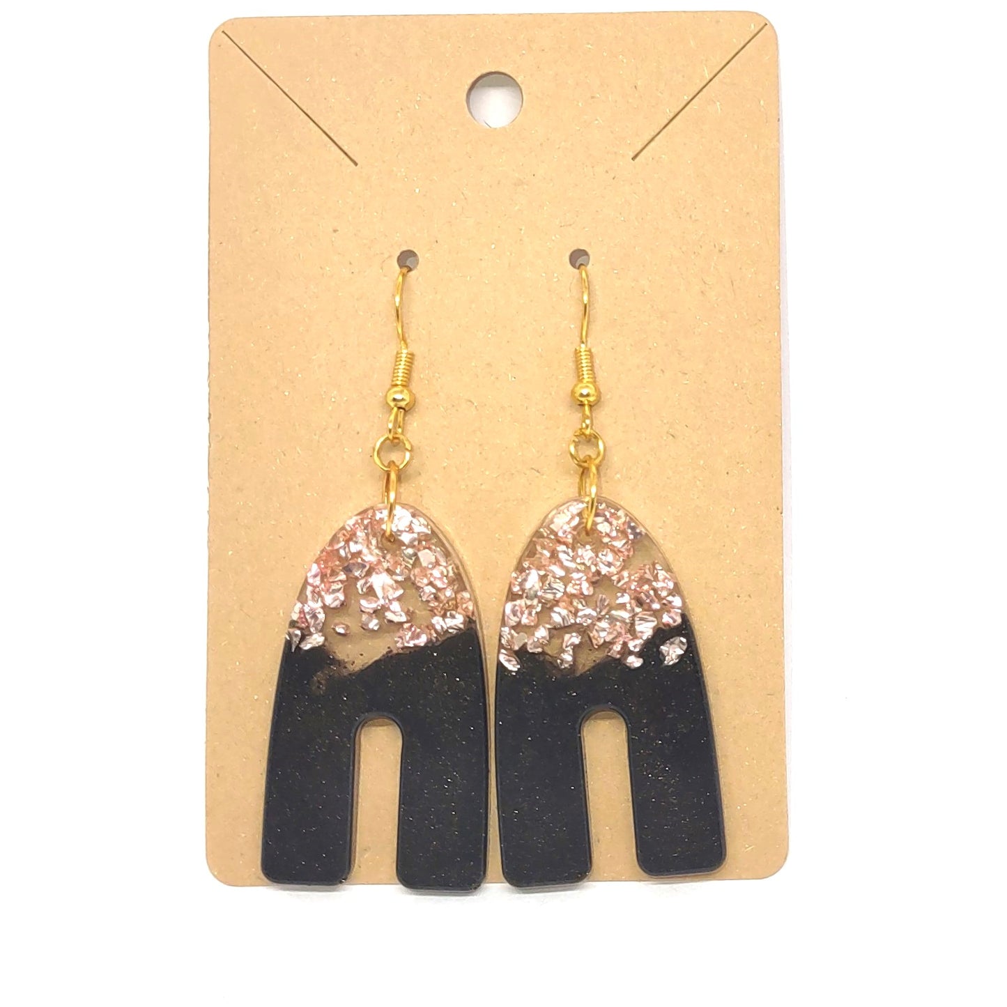 Rose Gold Stones Black Resin High Arch Earrings