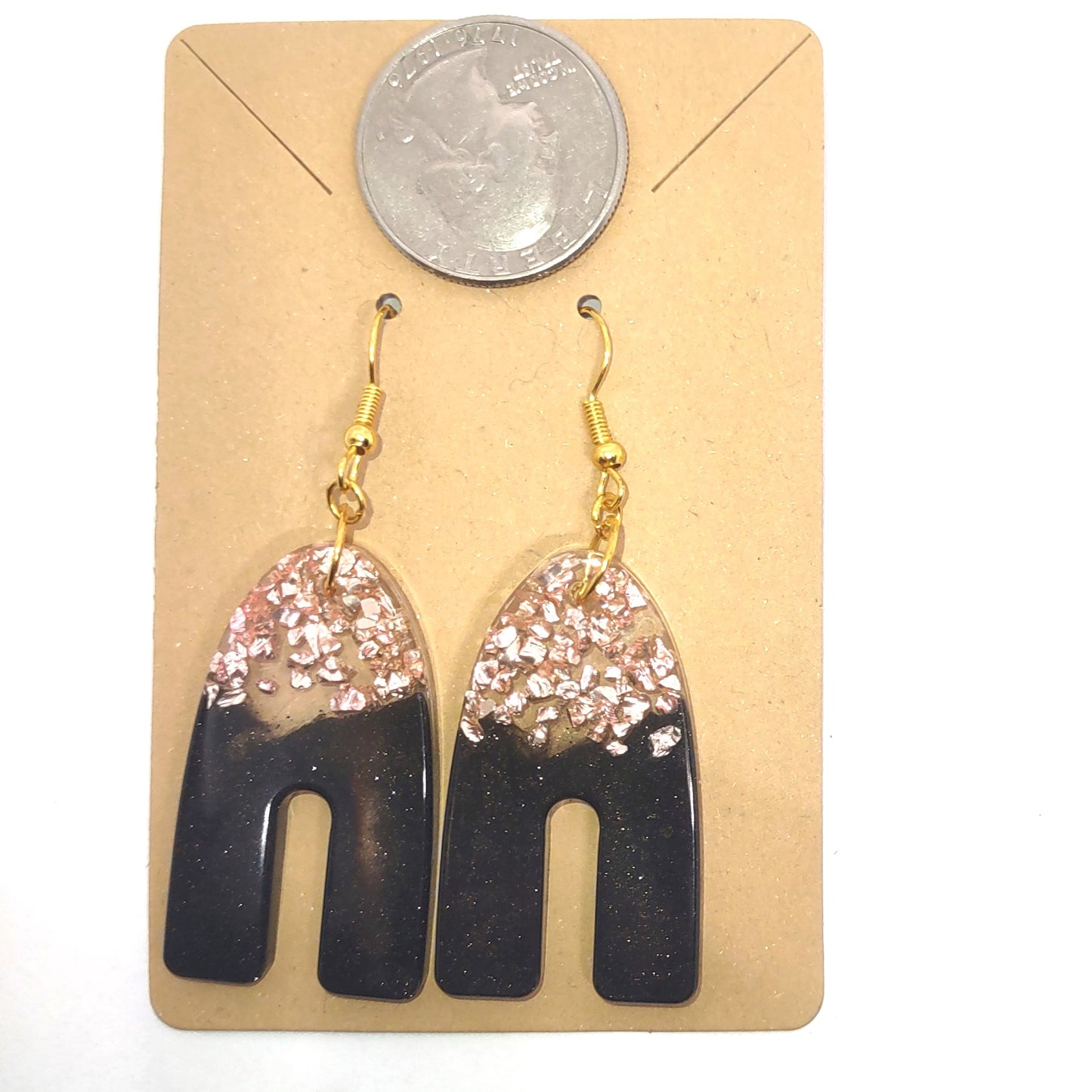 Rose Gold Stones Black Resin High Arch Earrings